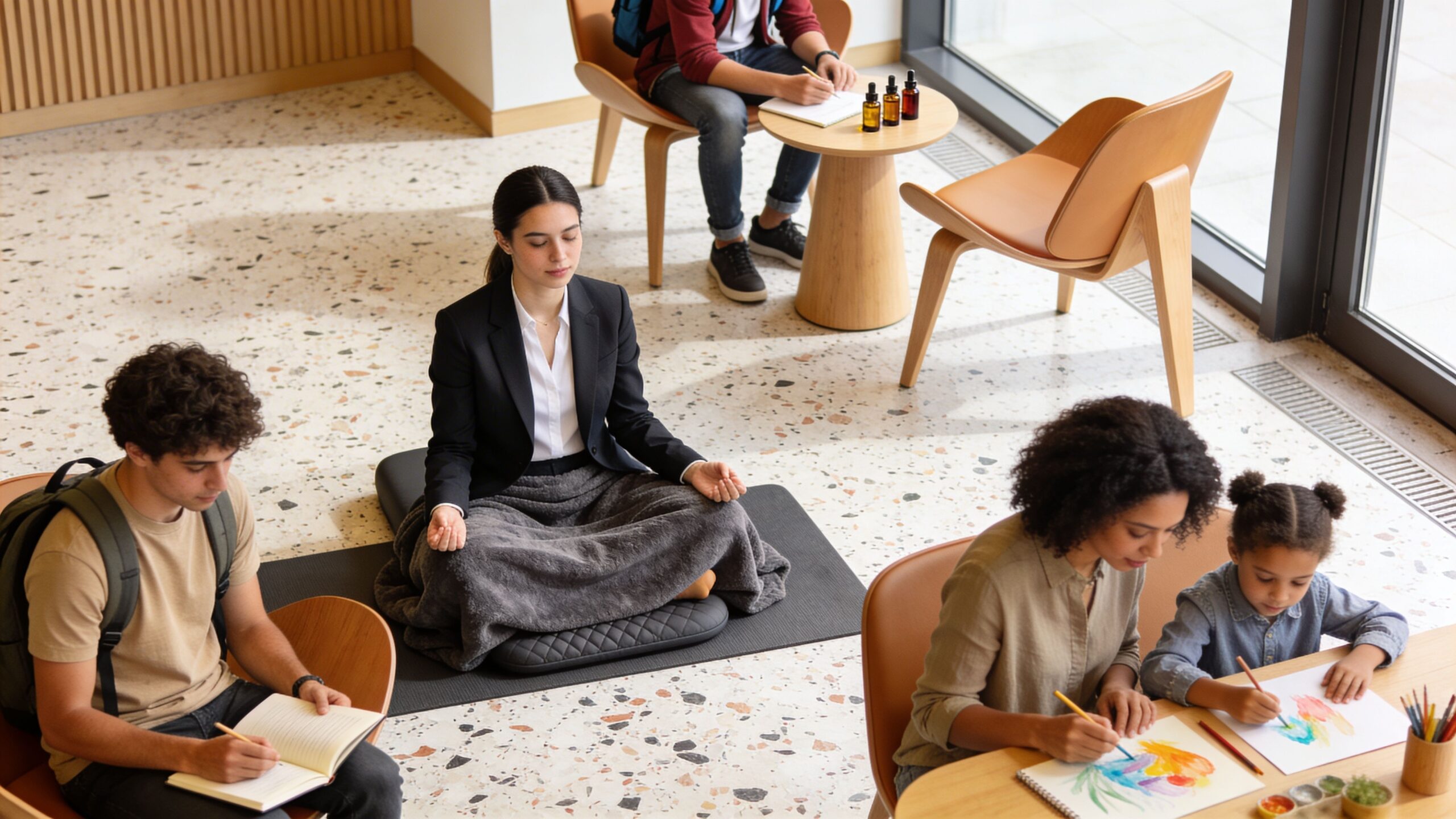 A diverse group of people engaging in various wellness and creative activities within a bright communal workspace.