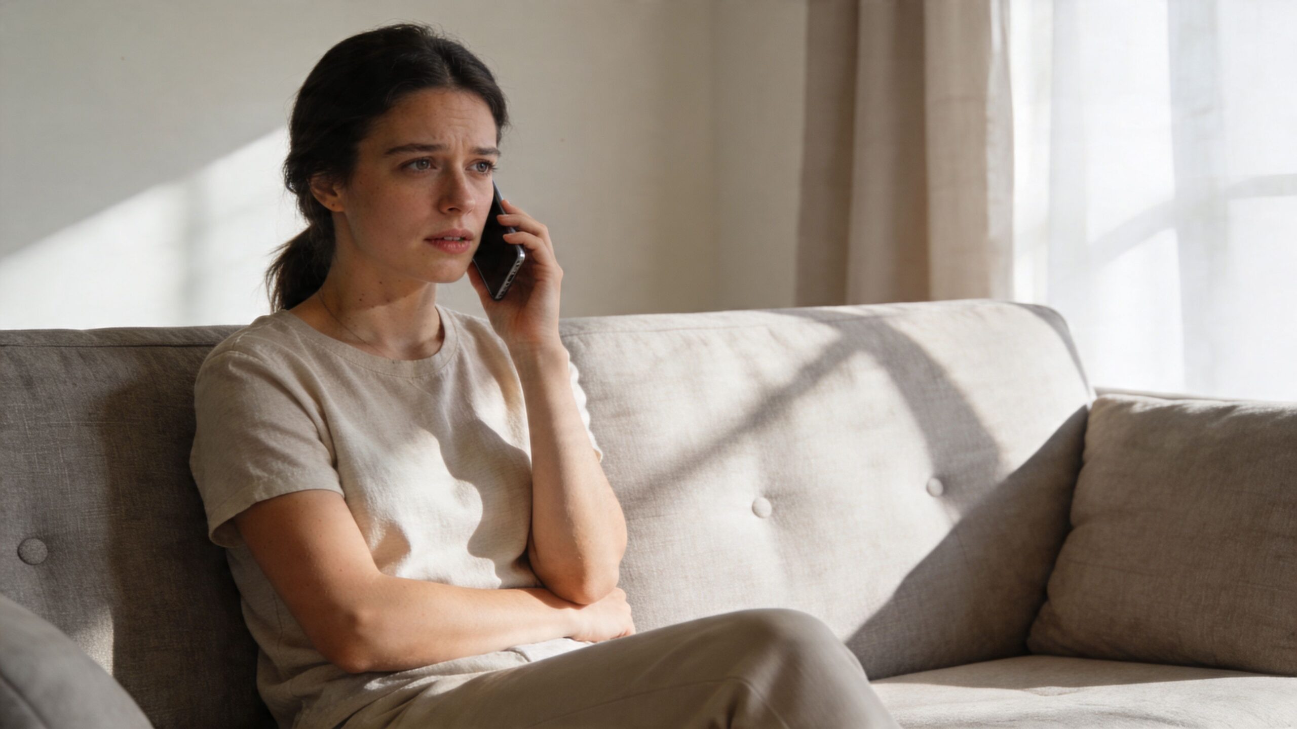 A concerned woman sitting on a couch while talking on her smartphone in a brightly lit room.