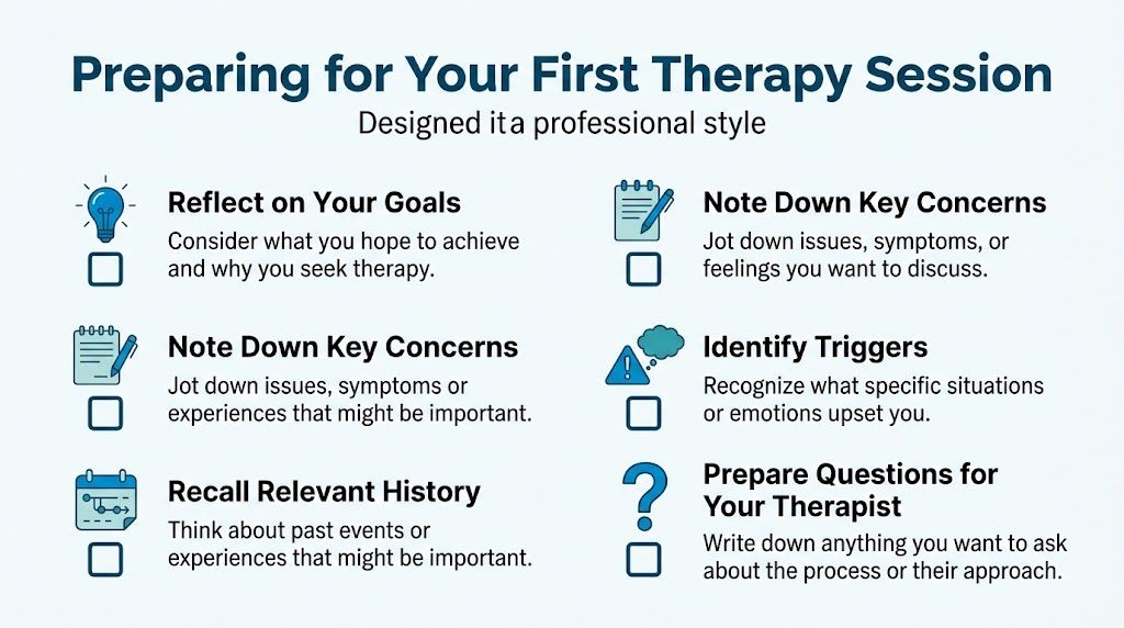 An infographic checklist guiding individuals on how to prepare for their first therapy session effectively.