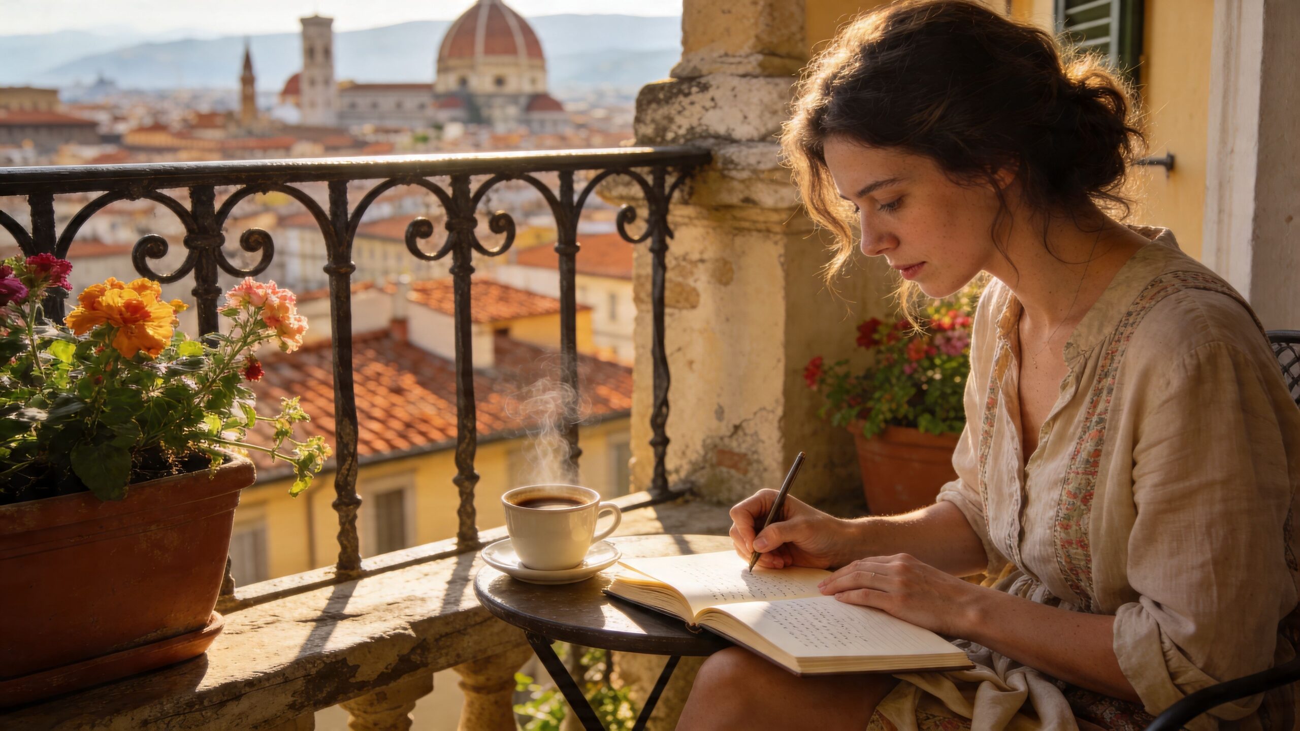 A young woman writing in a notebook on a balcony overlooking the historic Florence city skyline