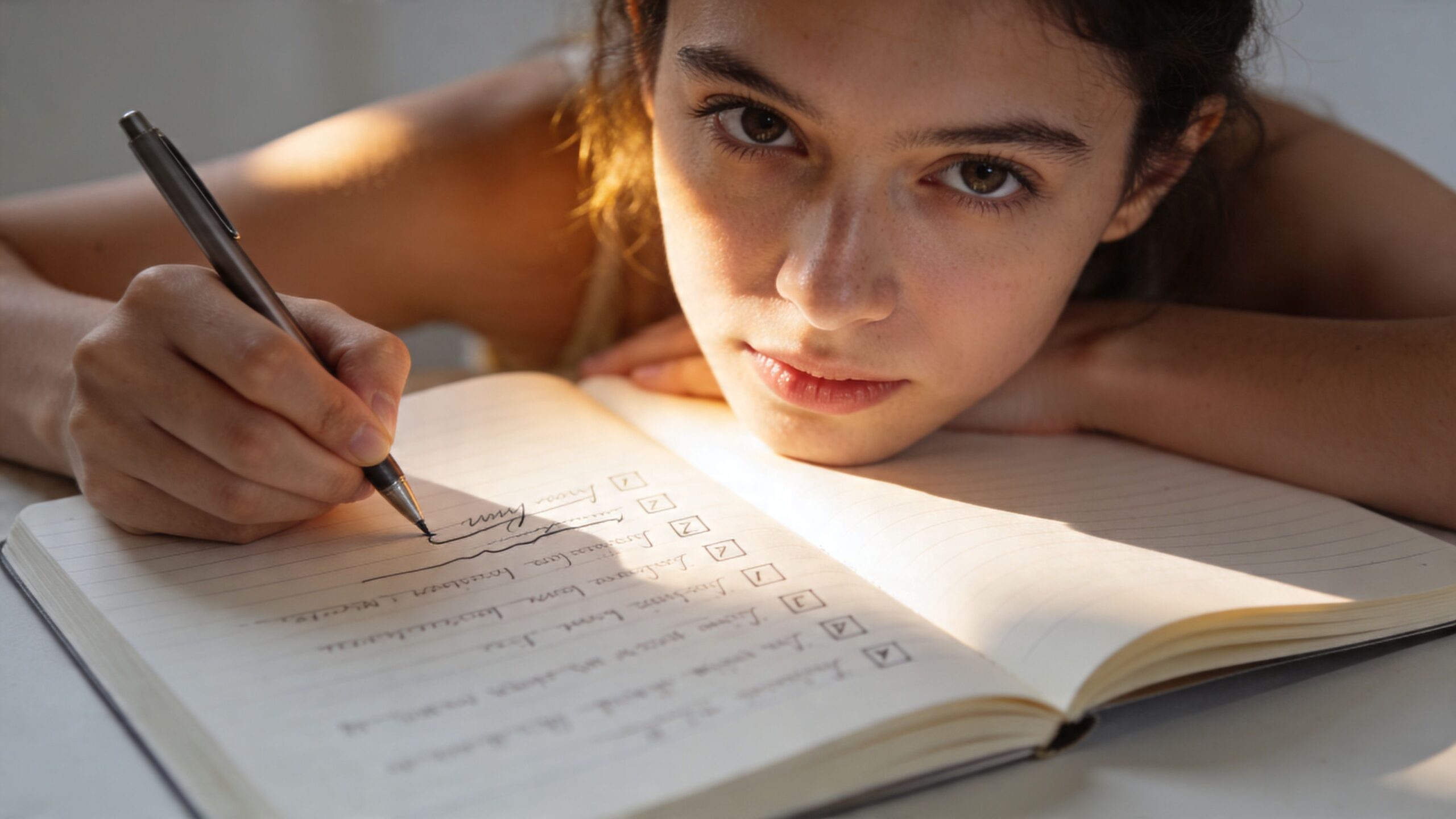 A young woman thoughtfully writing a list in a journal while looking directly at the camera.