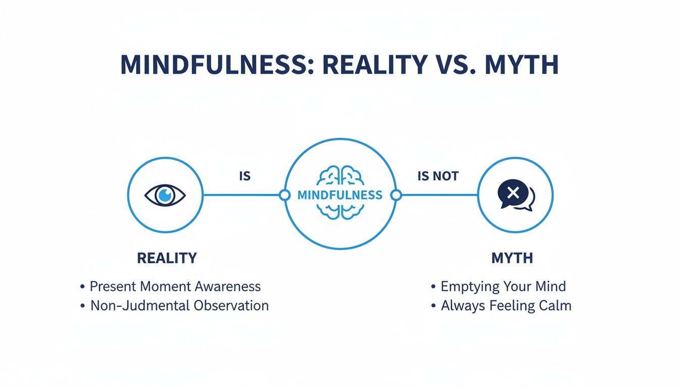 Infographic contrasting the reality of mindfulness as present moment awareness with common myths.