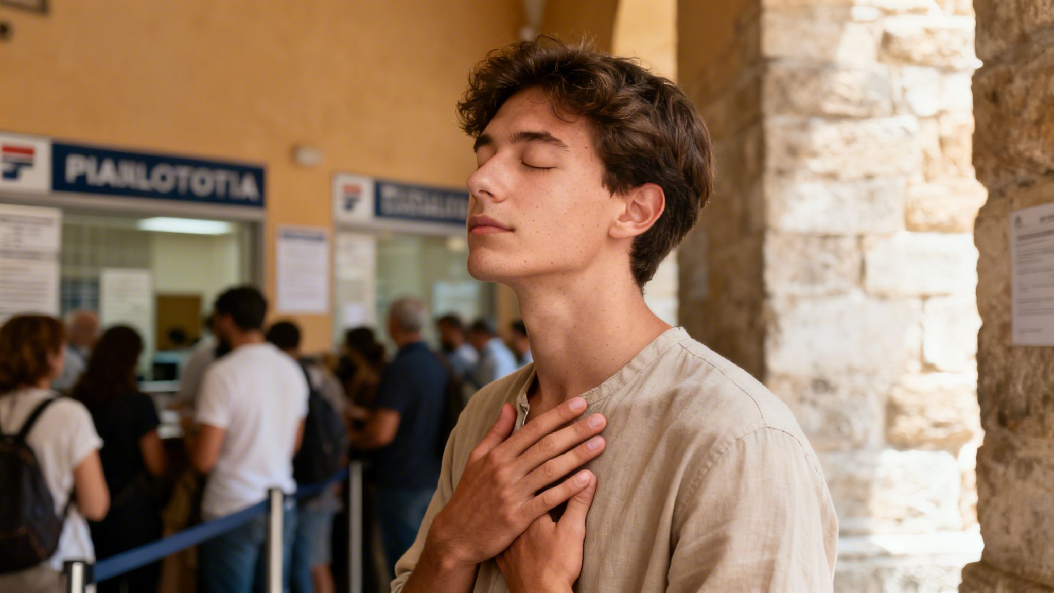 A young man with closed eyes and hands on his chest, meditating in a public space.