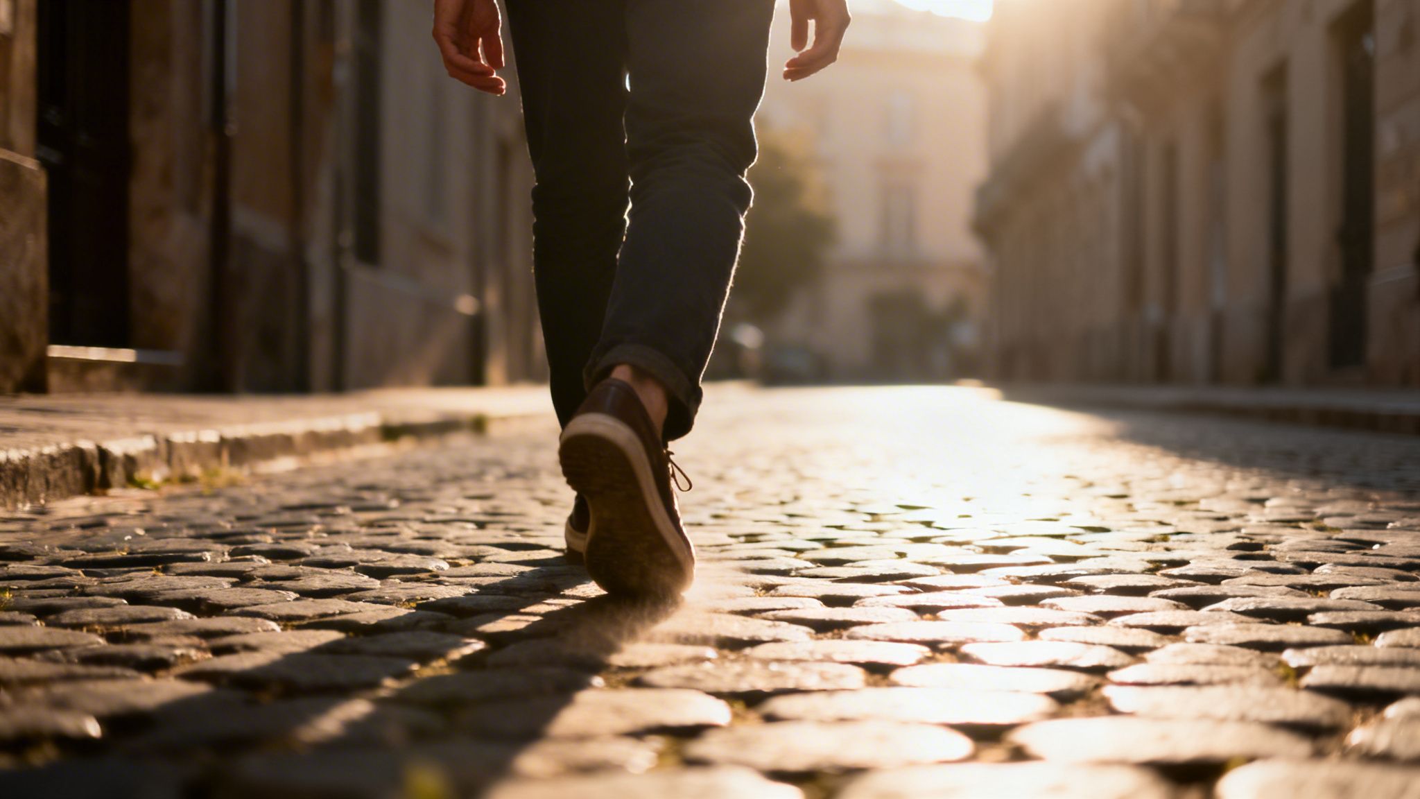 A person walks on a sunny cobblestone street, casting long shadows in the warm light.