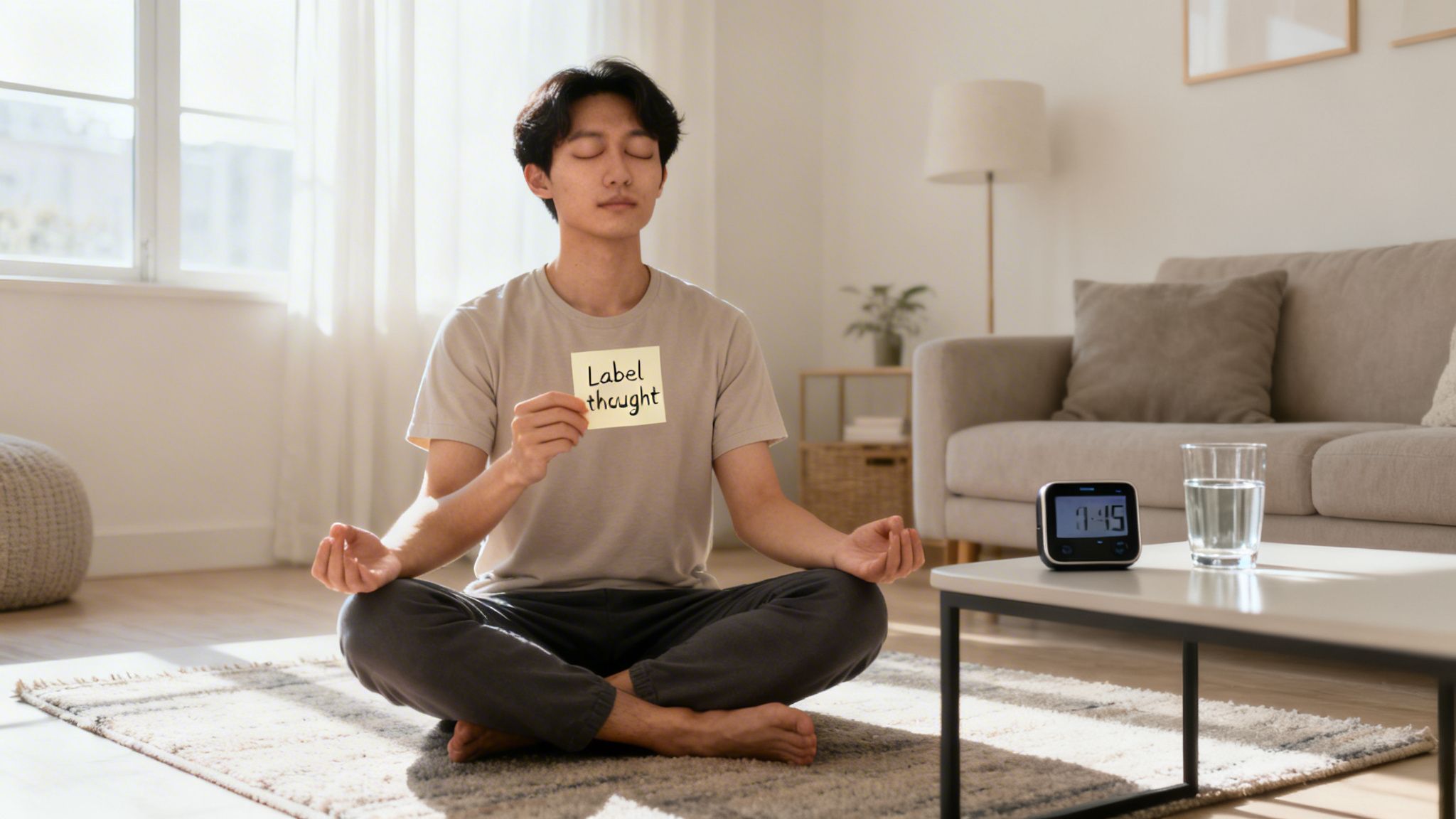 An Asian man meditates in a bright living room, holding a sticky note with "Label thought".