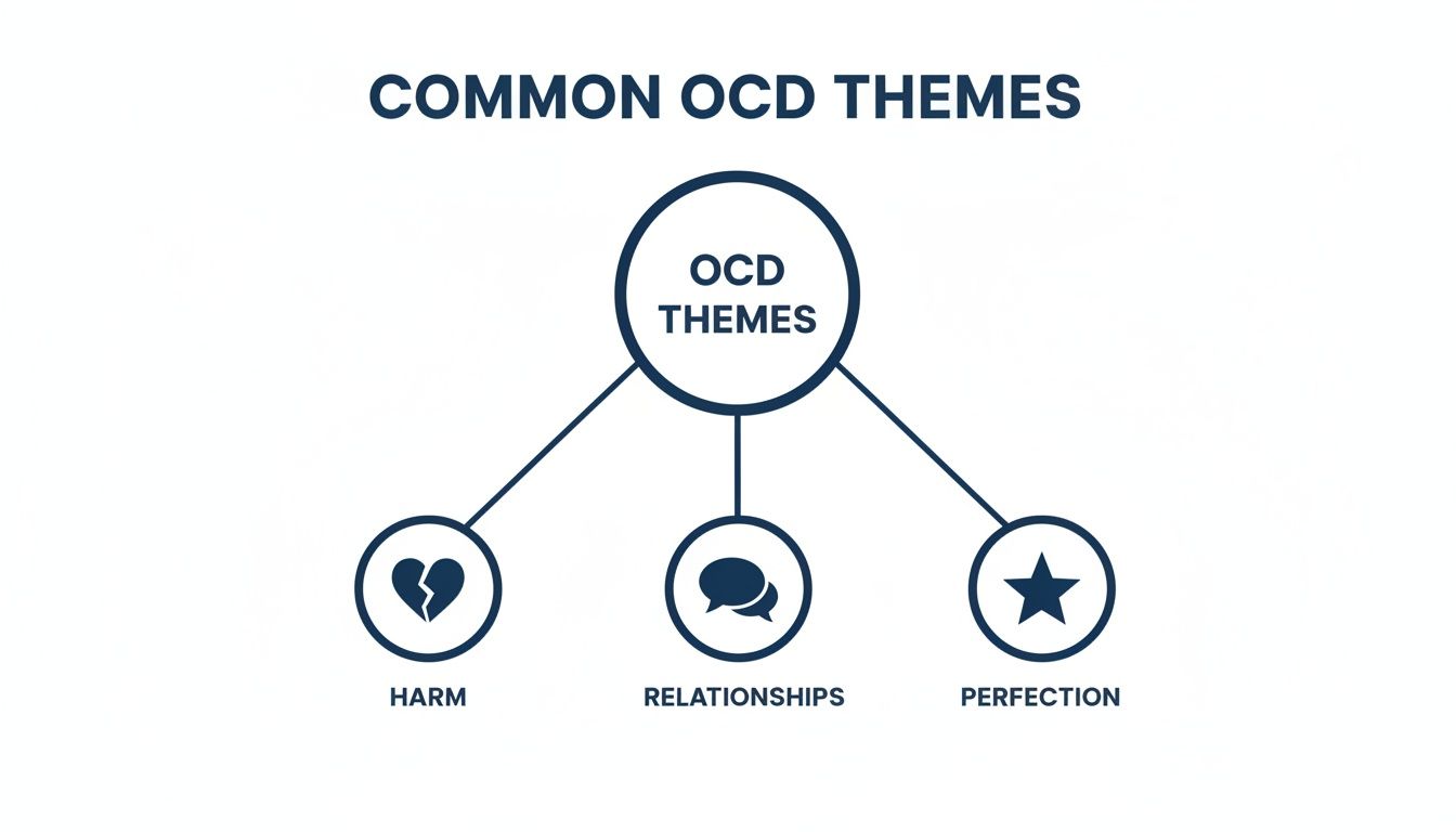 Diagram illustrating common OCD themes including harm, relationships, and perfection.