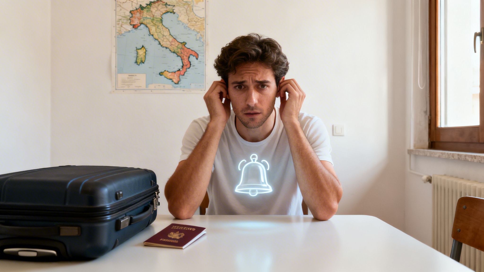 A stressed man covers his ears at a table with a suitcase, passport, and glowing bell icon.