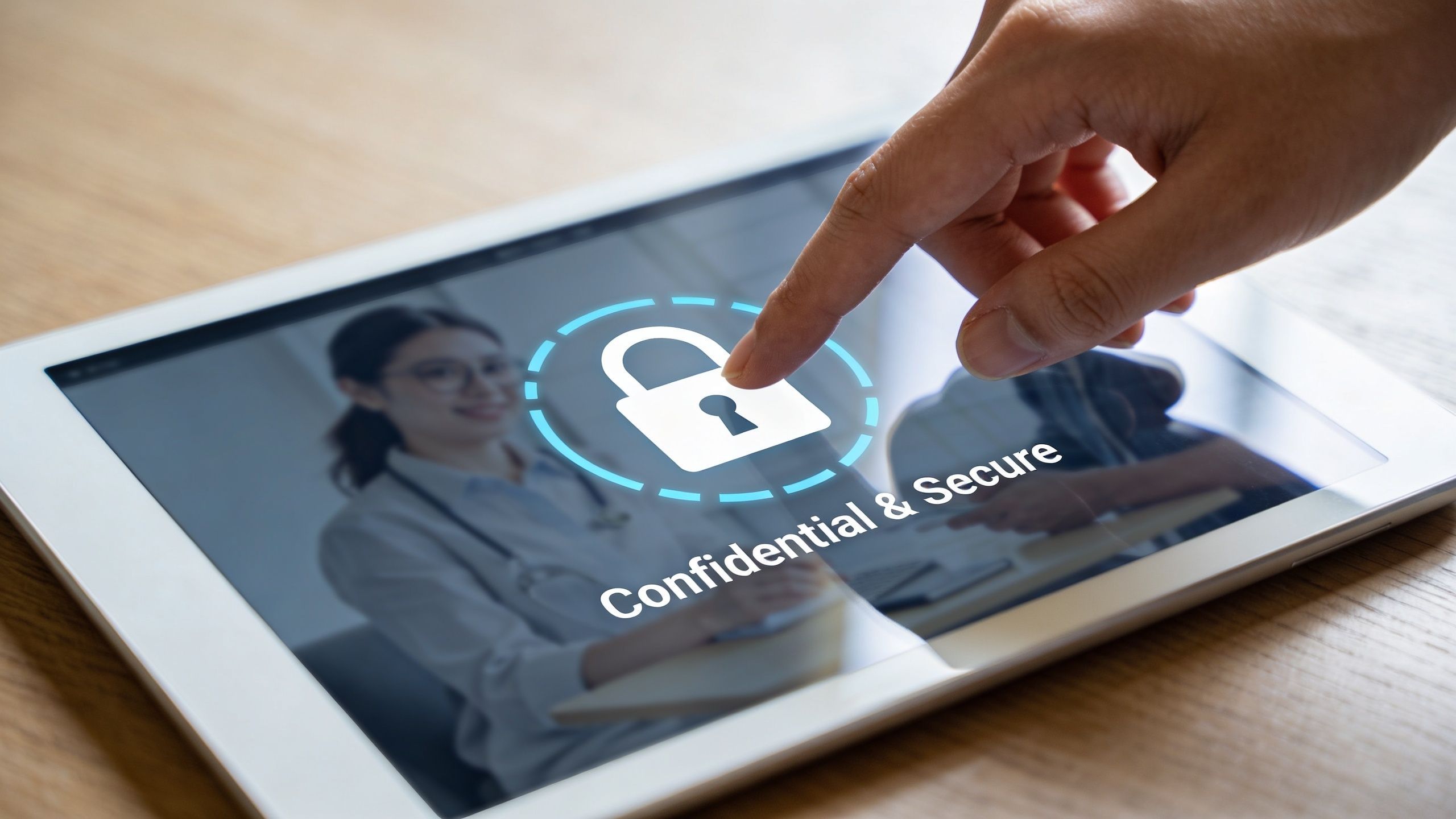 A person touching a tablet screen displaying a lock icon and the text Confidential and Secure