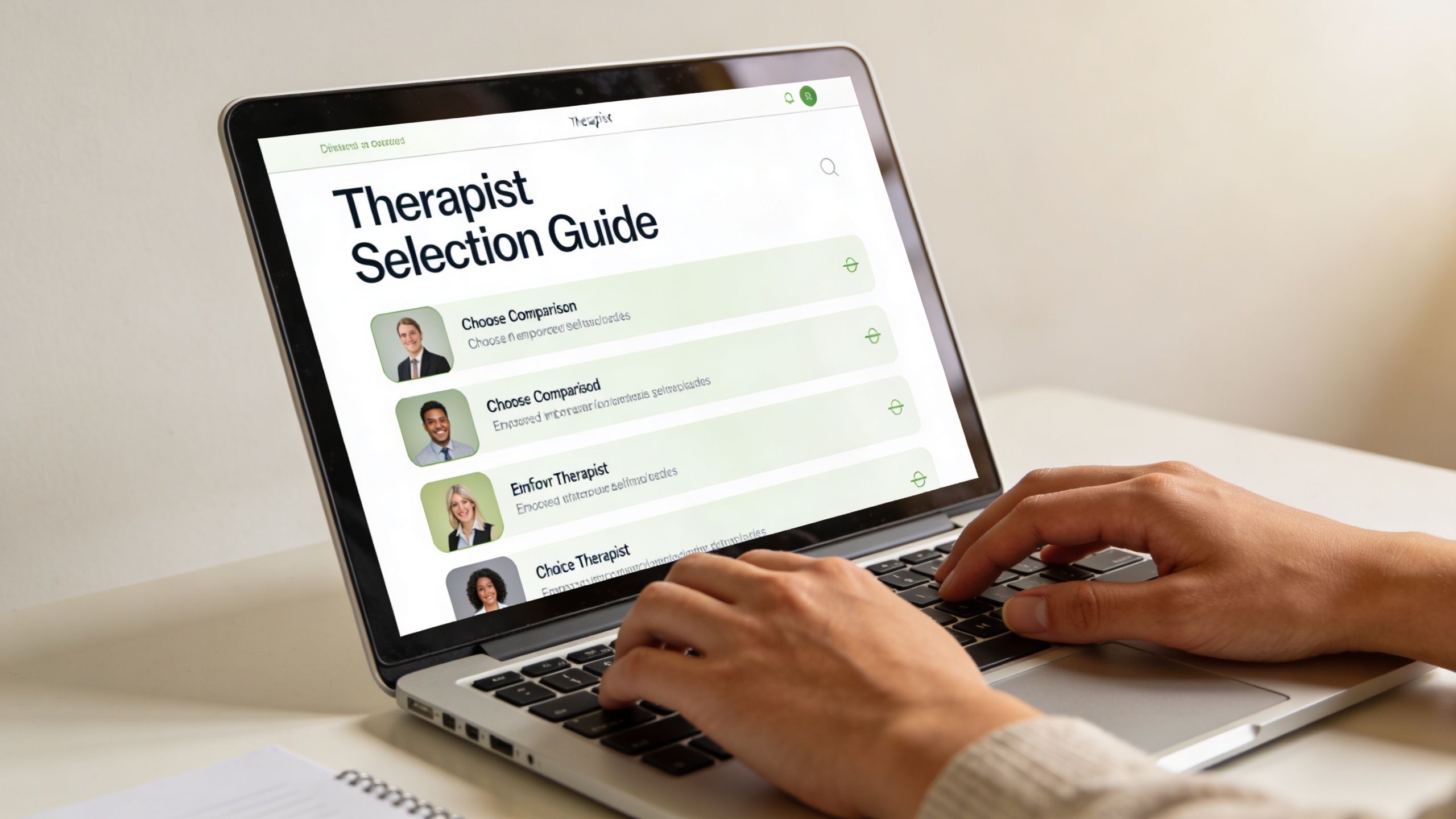A person typing on a laptop displaying a Therapist Selection Guide website to find professional help.