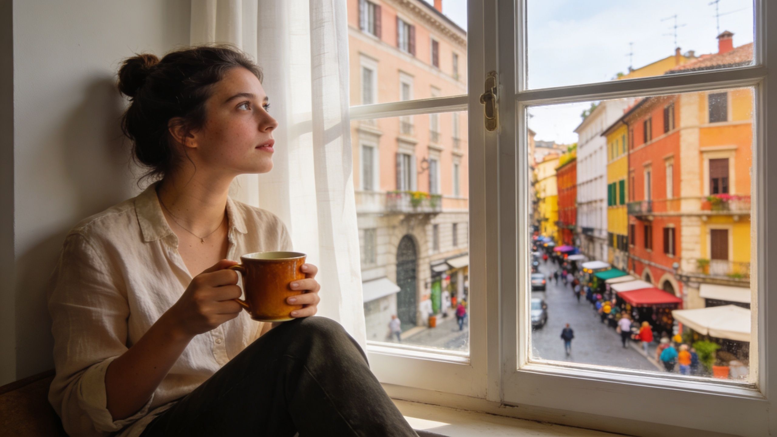 A young woman holding a coffee mug while gazing out of a sunny window onto an Italian street.