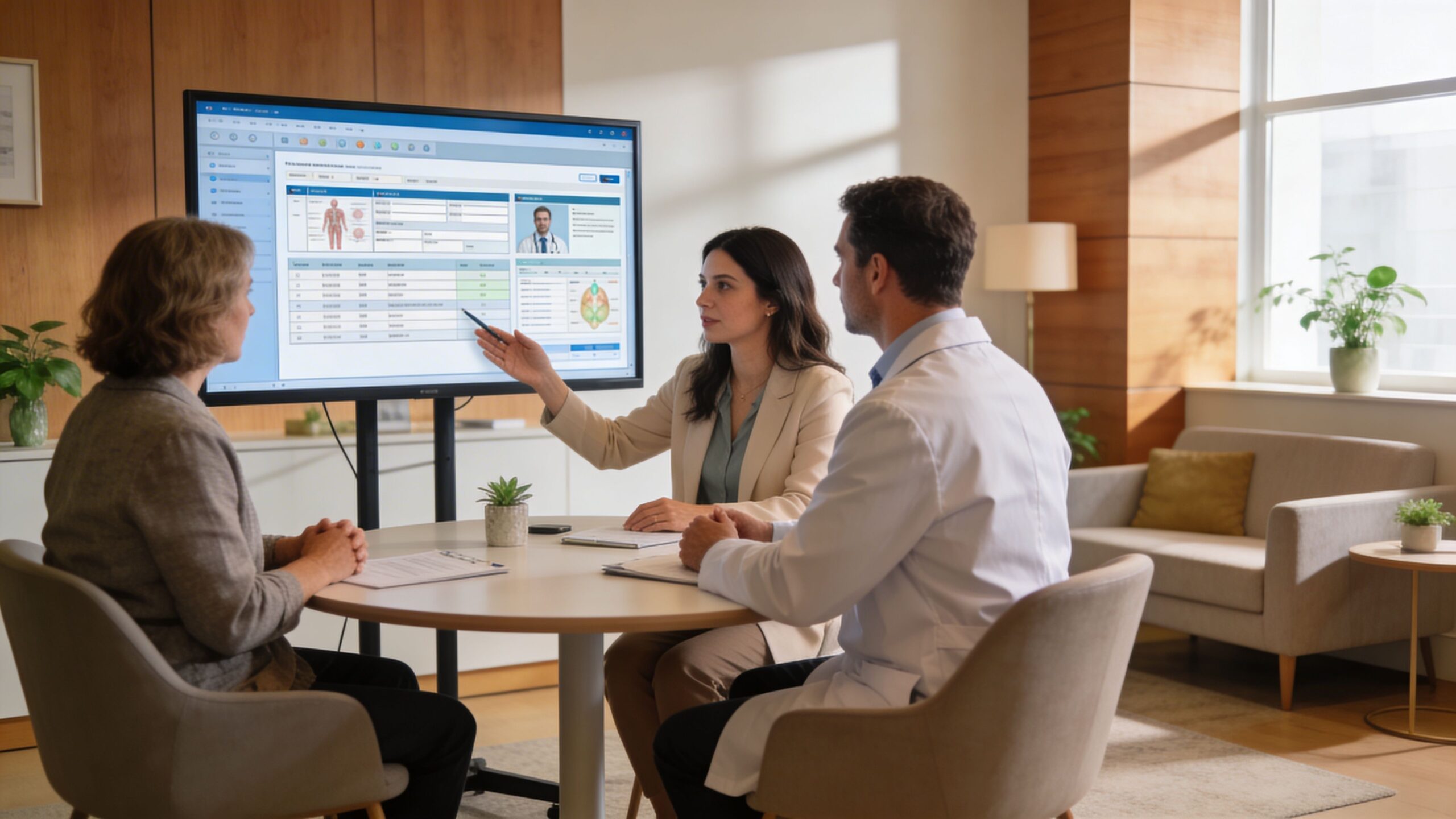 A professional consultation session where a doctor and a specialist discuss a patient's medical records on screen.