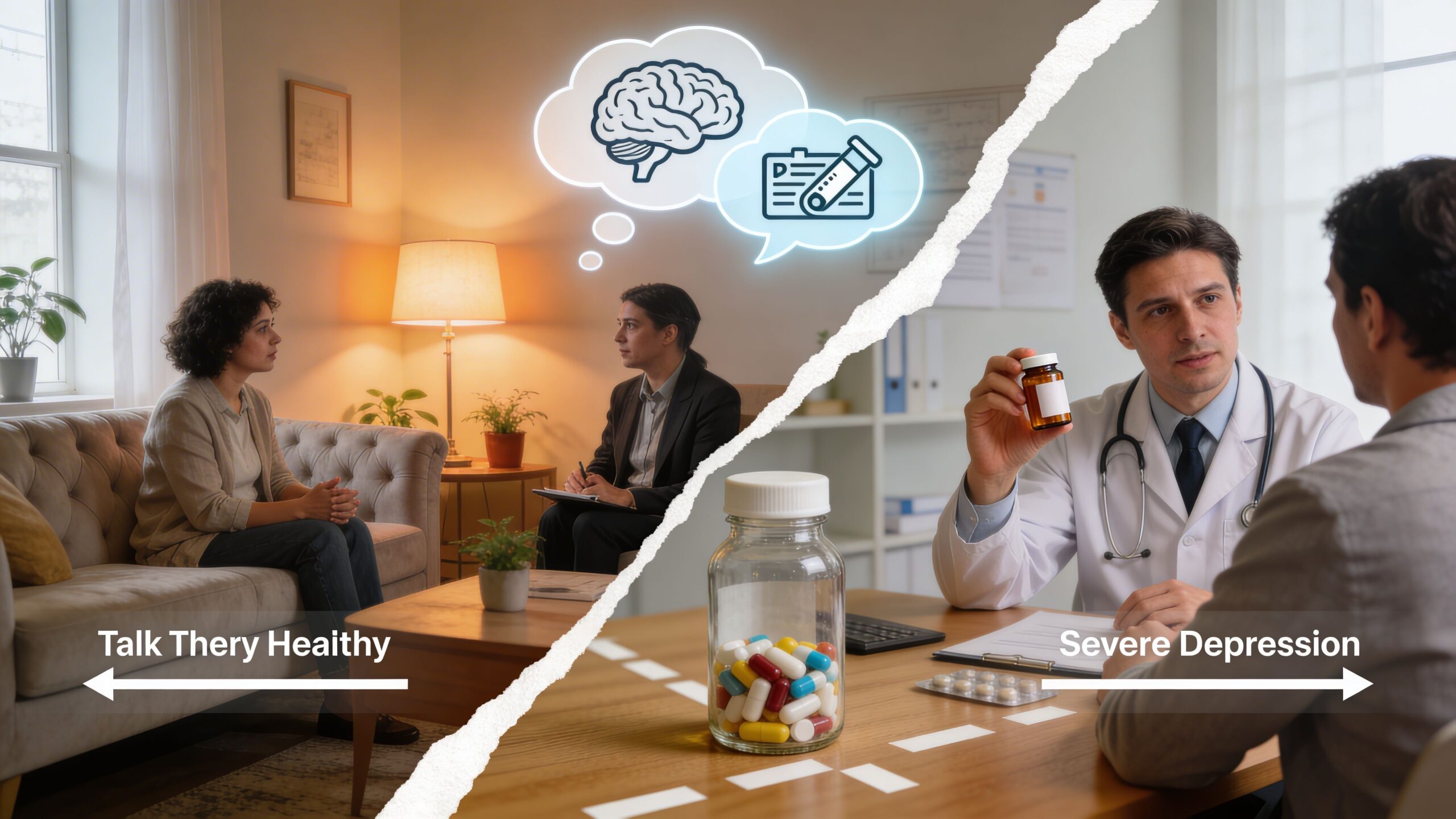 Comparison between talk therapy and medical treatment for mental health showing a therapist and a doctor.
