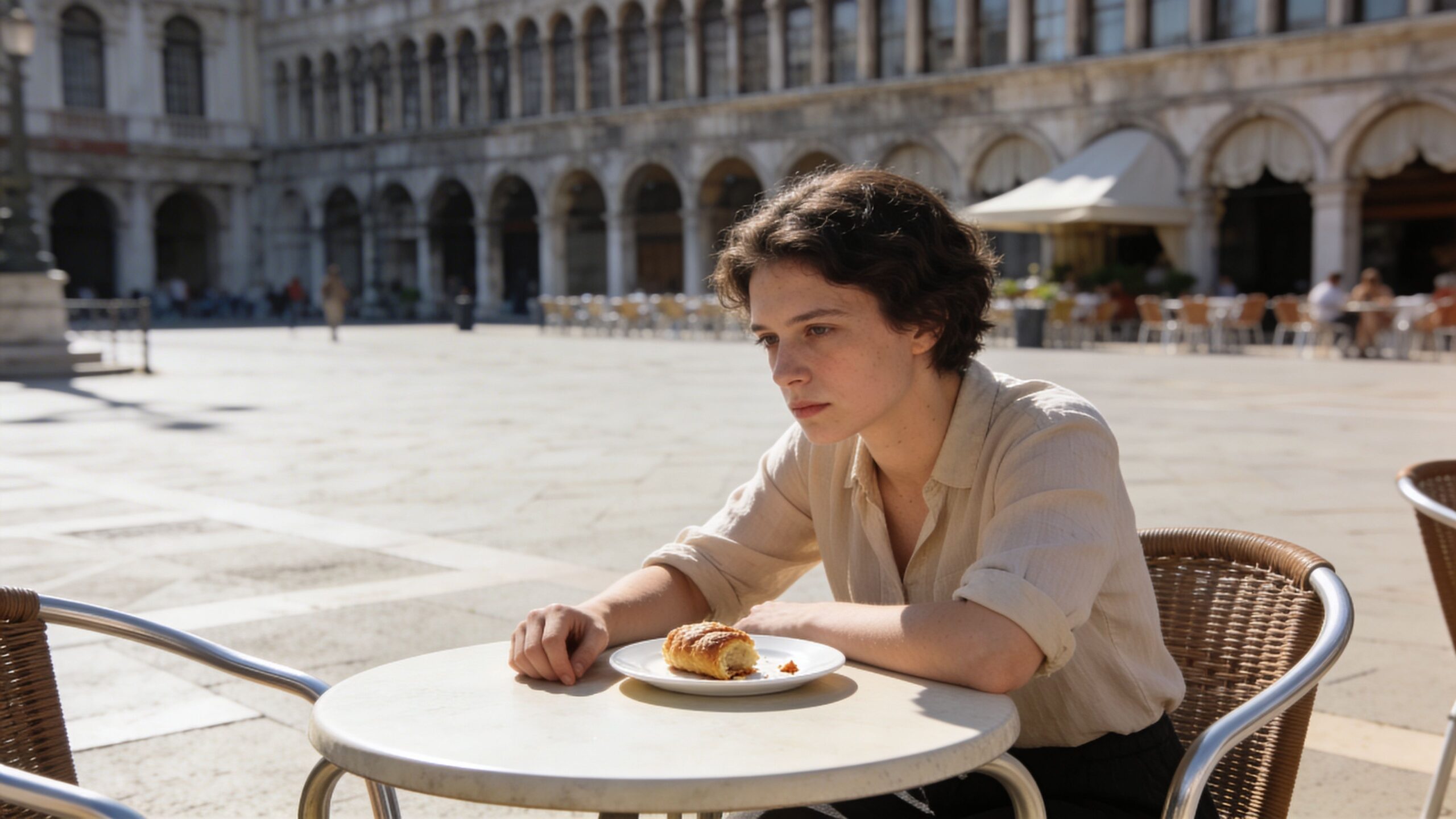 A pensive young person sits alone at a cafe table in a large, empty stone plaza.