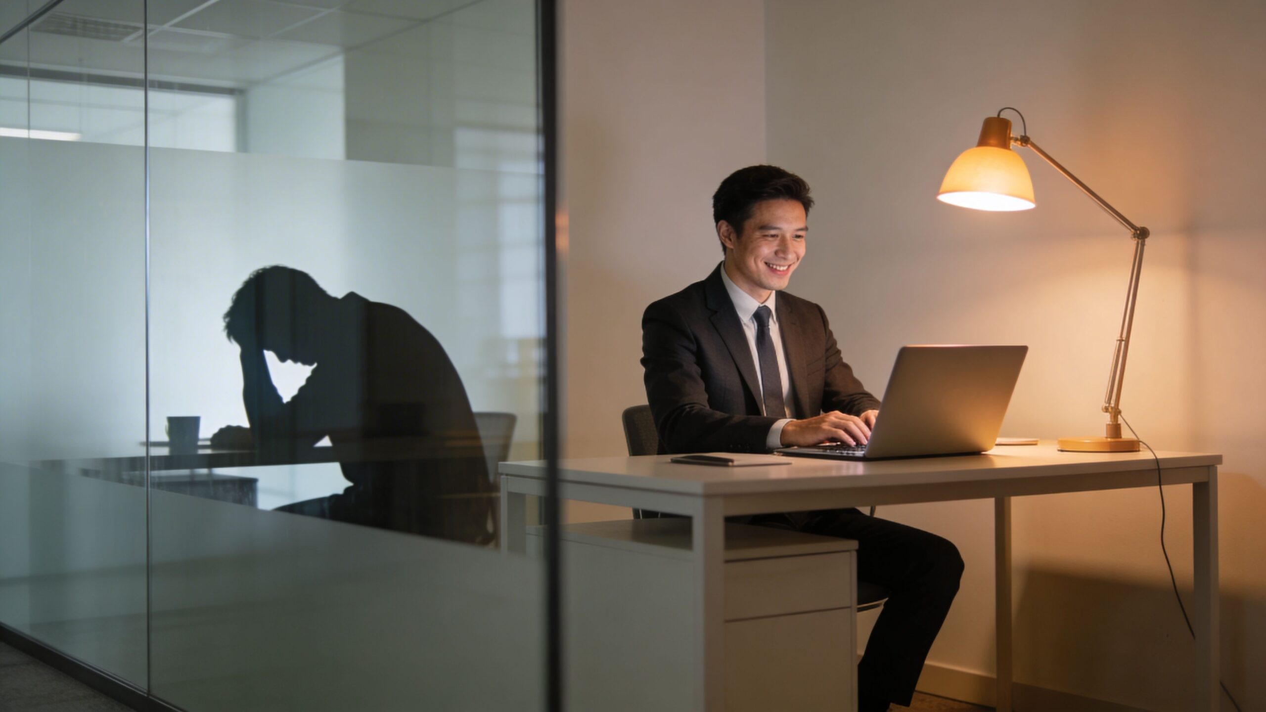 A smiling businessman working on a laptop contrasted with a sad shadow figure in an office.