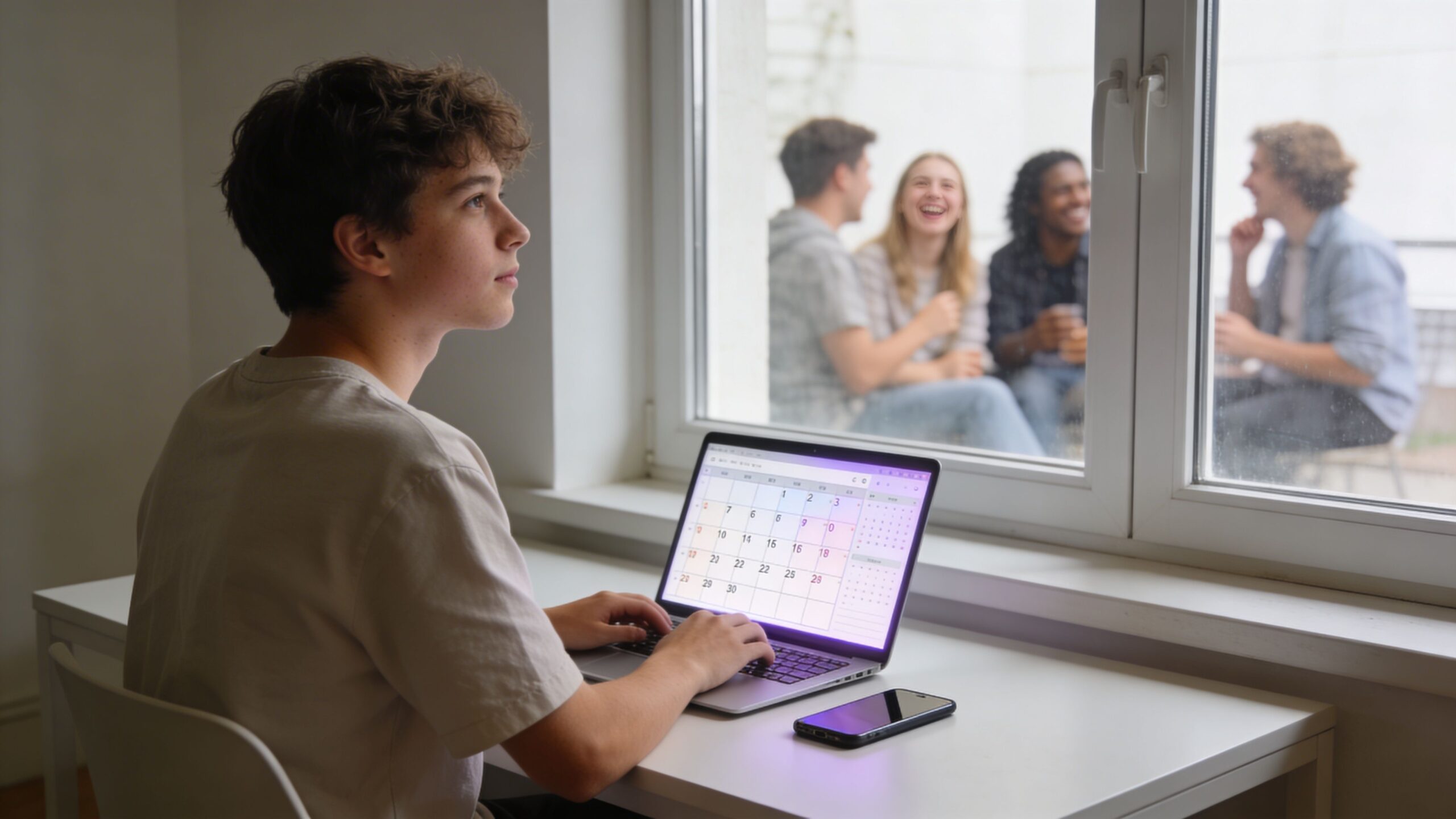 A teenage student looking out a window while working on a laptop displaying a digital monthly calendar.