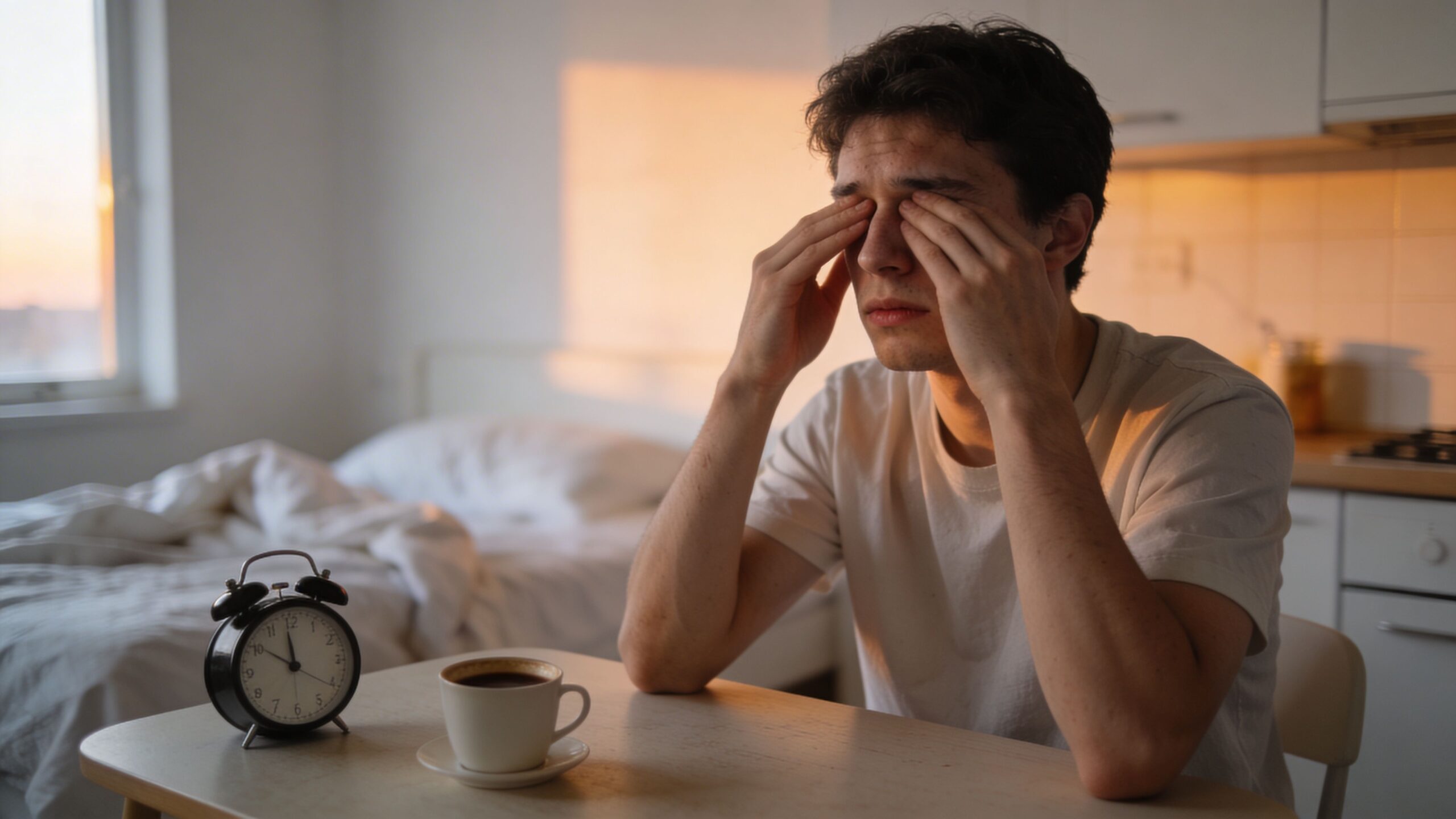 A tired young man rubbing his eyes while sitting at a table with coffee and an alarm clock.