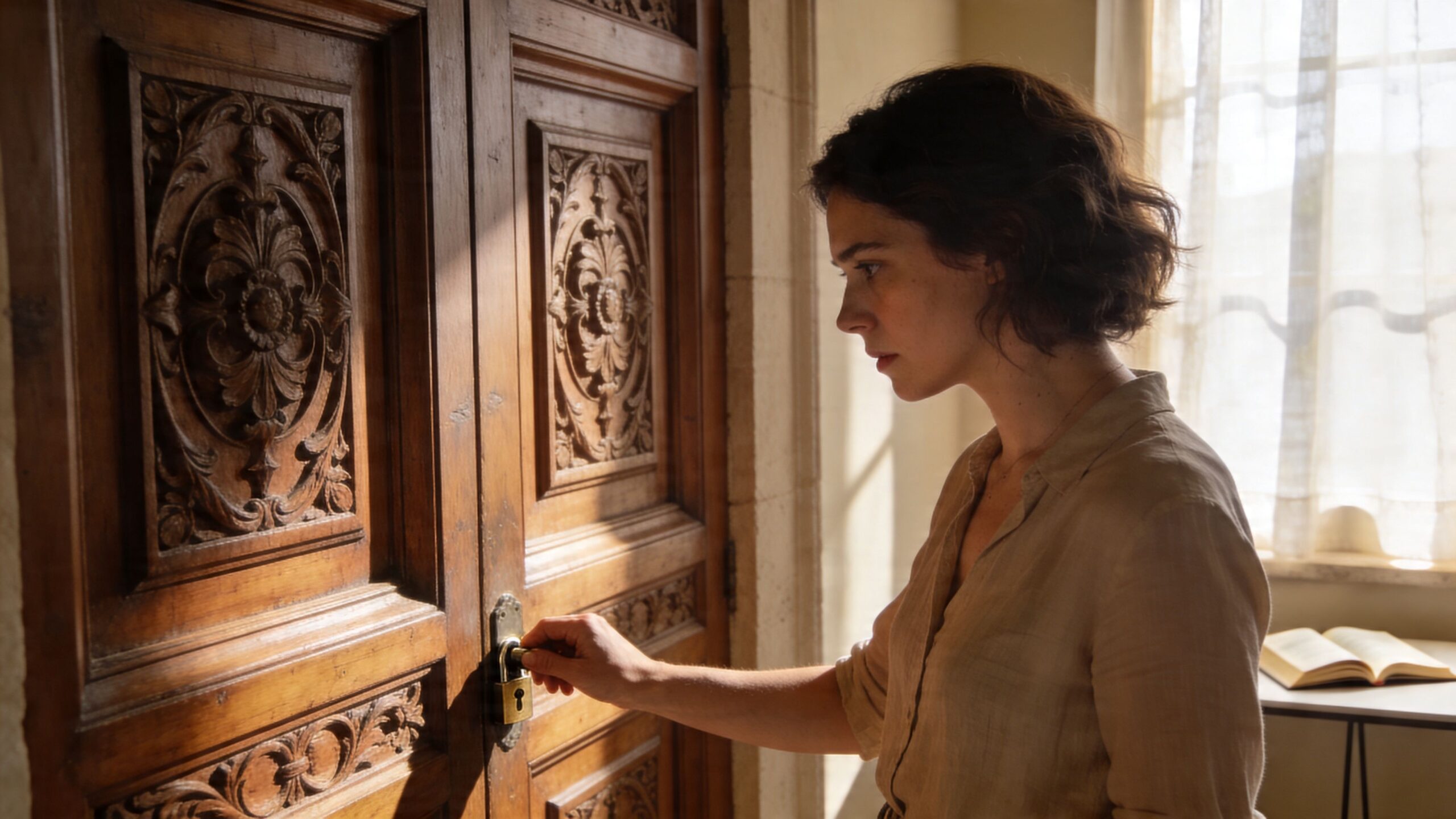 A woman carefully touches a locked wooden door, reflecting feelings of anxiety or concern.