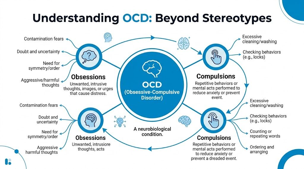A diagram illustrating the cycle of obsessions and compulsions associated with Obsessive-Compulsive Disorder.