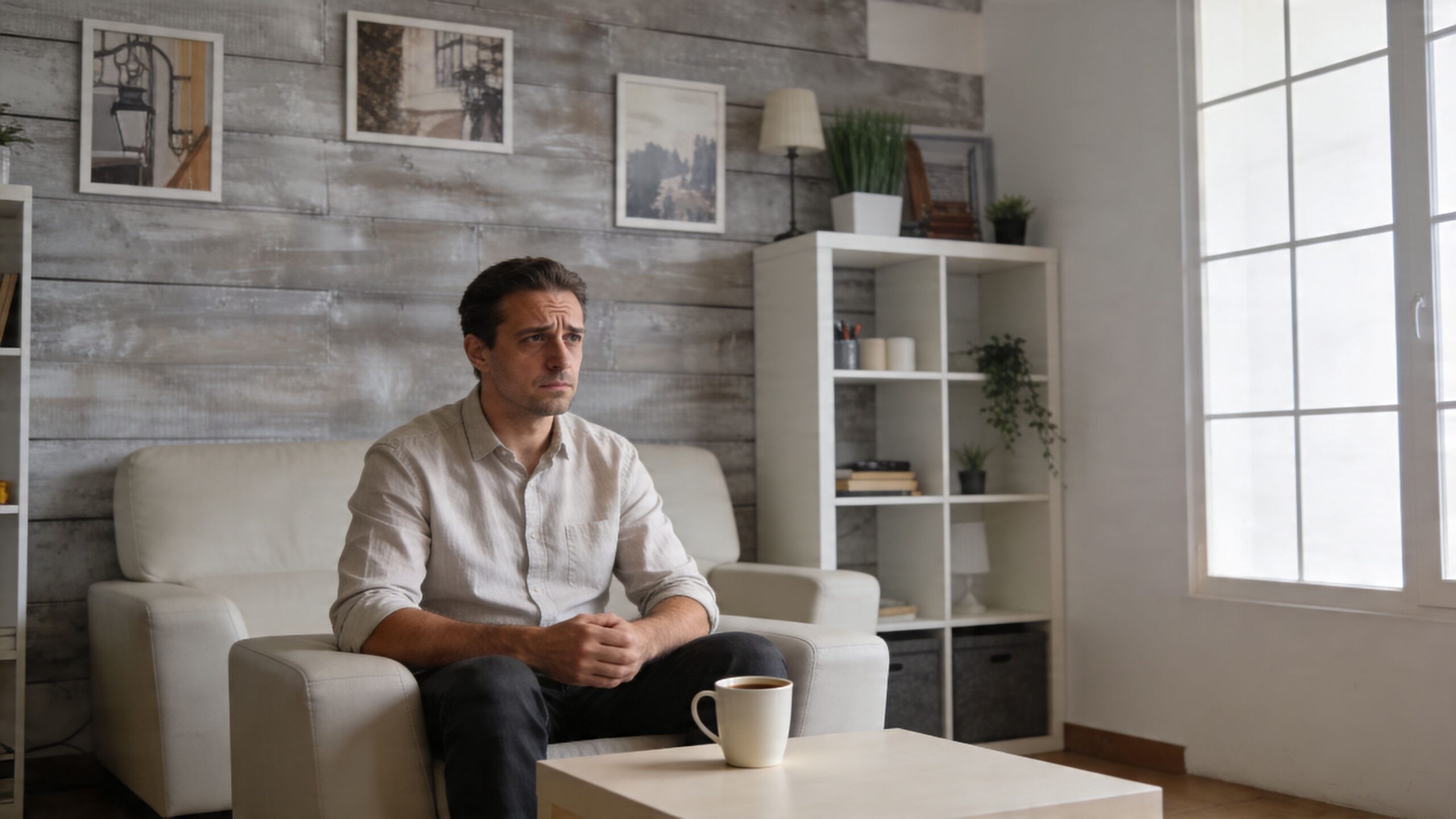 A pensive man sitting alone in a modern living room looking troubled and concerned about his thoughts.