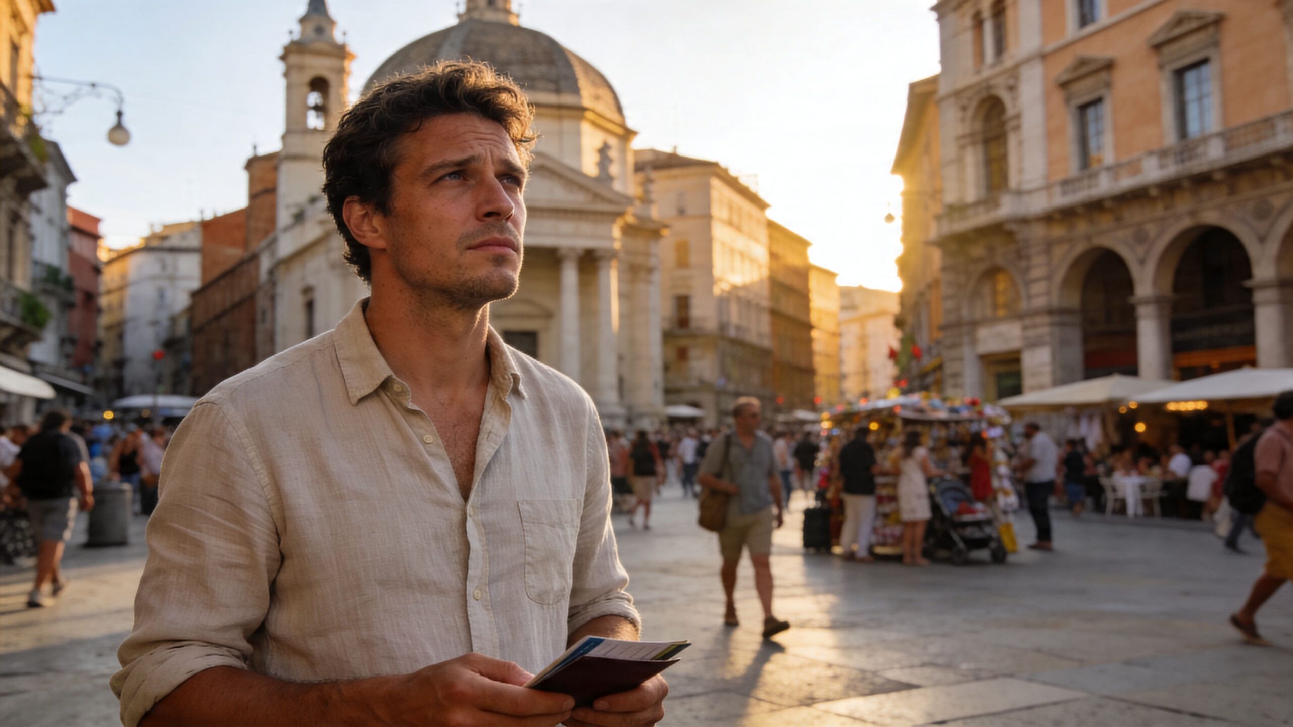 A contemplative young man holding a passport while standing in a busy, sunlit historic European town square.