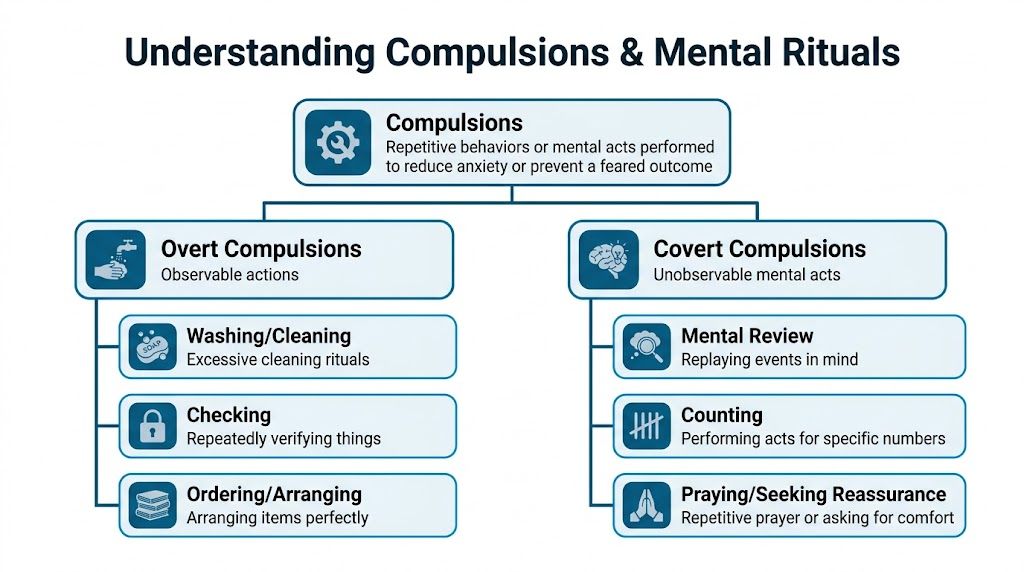 A diagram categorizing compulsions into overt, observable actions and covert, unobservable mental rituals related to OCD symptoms.