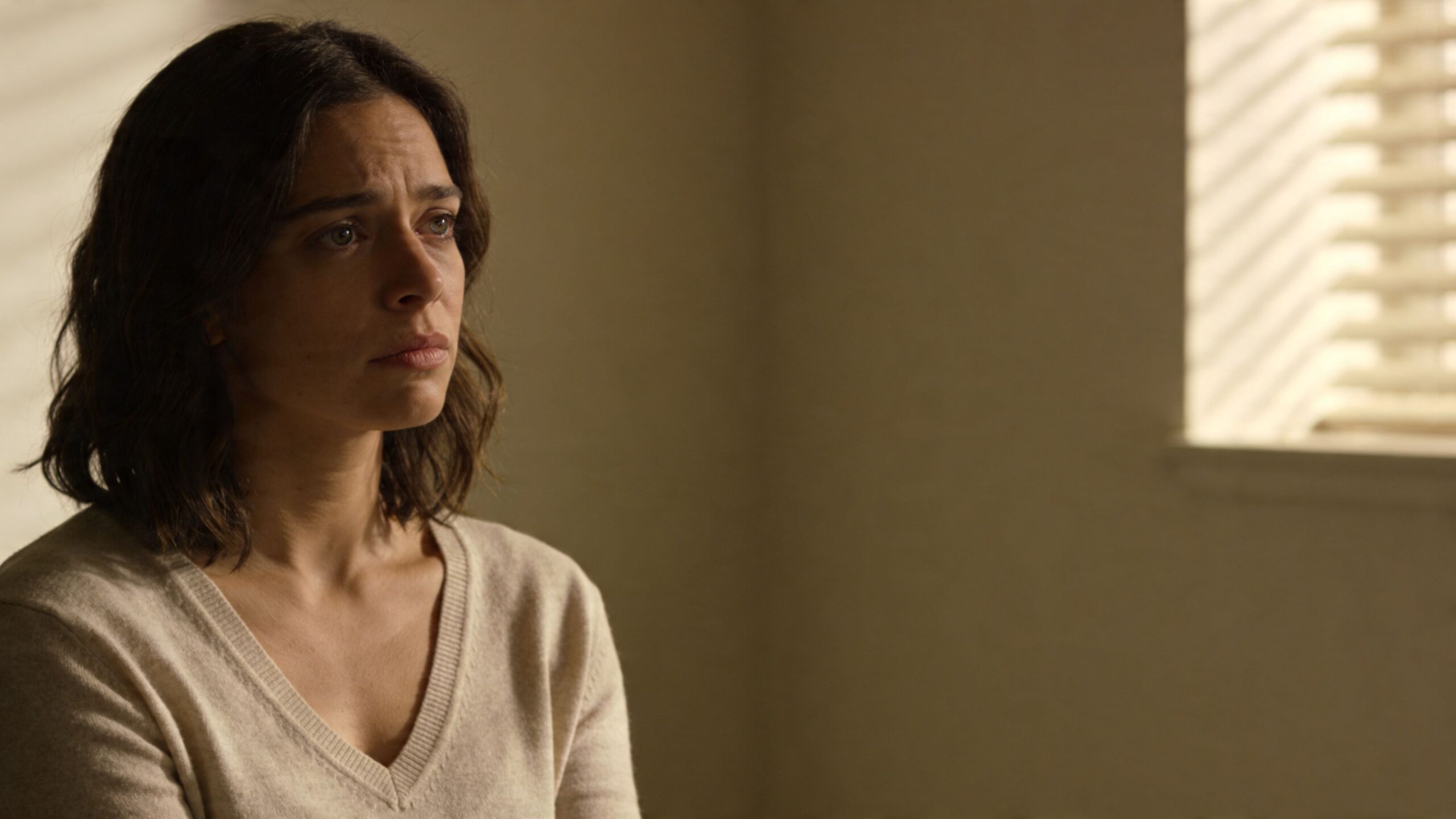 A concerned woman with dark wavy hair looking away with a pensive and emotional expression indoors.