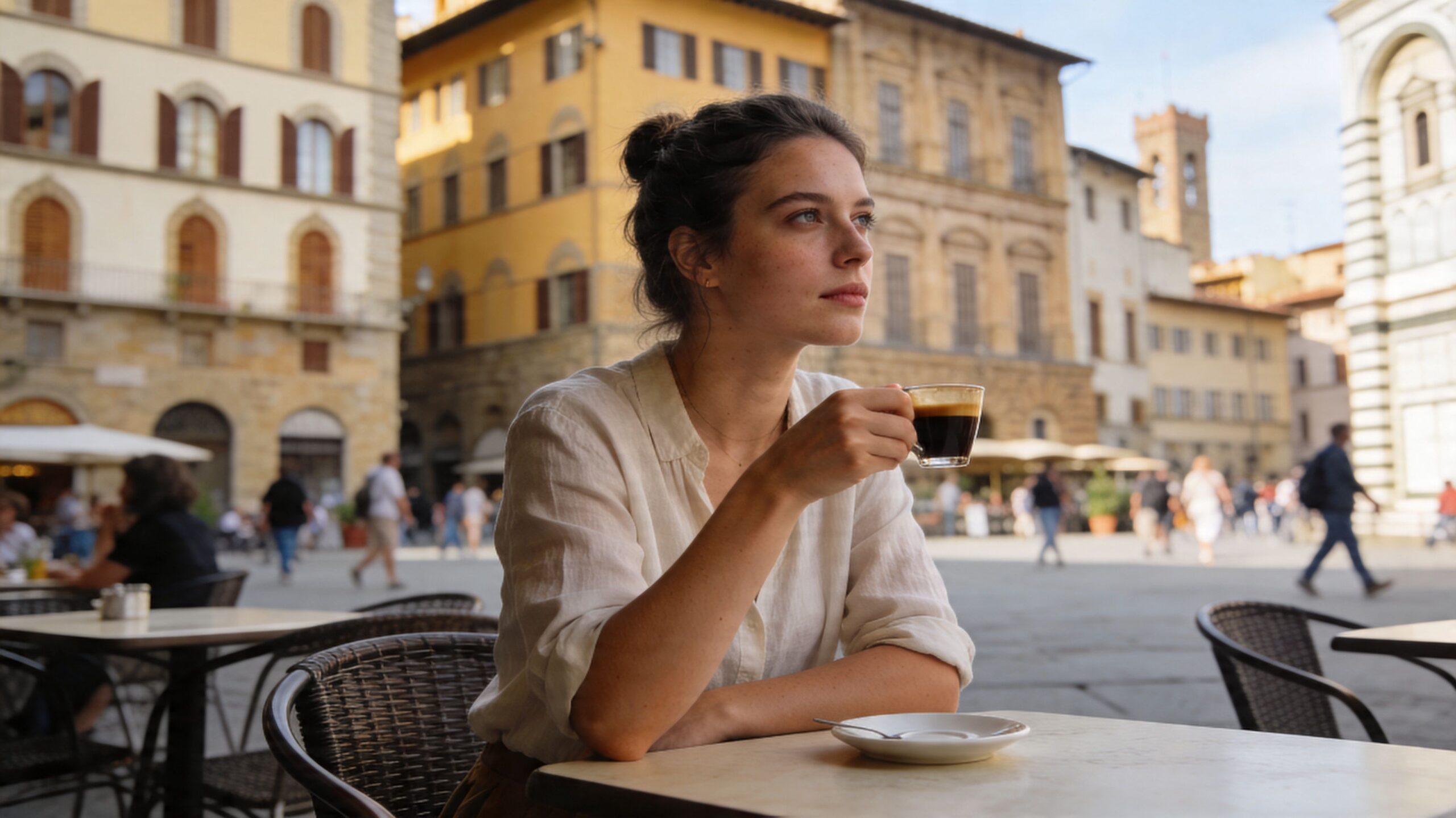 A young woman enjoying a cup of espresso while sitting at an outdoor cafe in Florence, Italy.