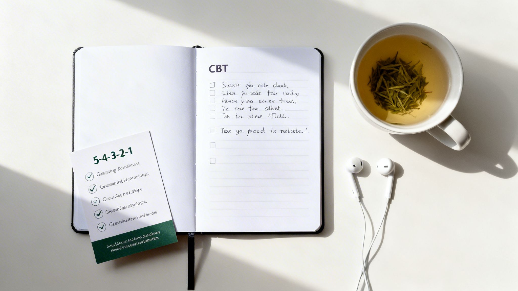 CBT notebook, 5-4-3-2-1 coping card, tea, and earbuds on a white desk.