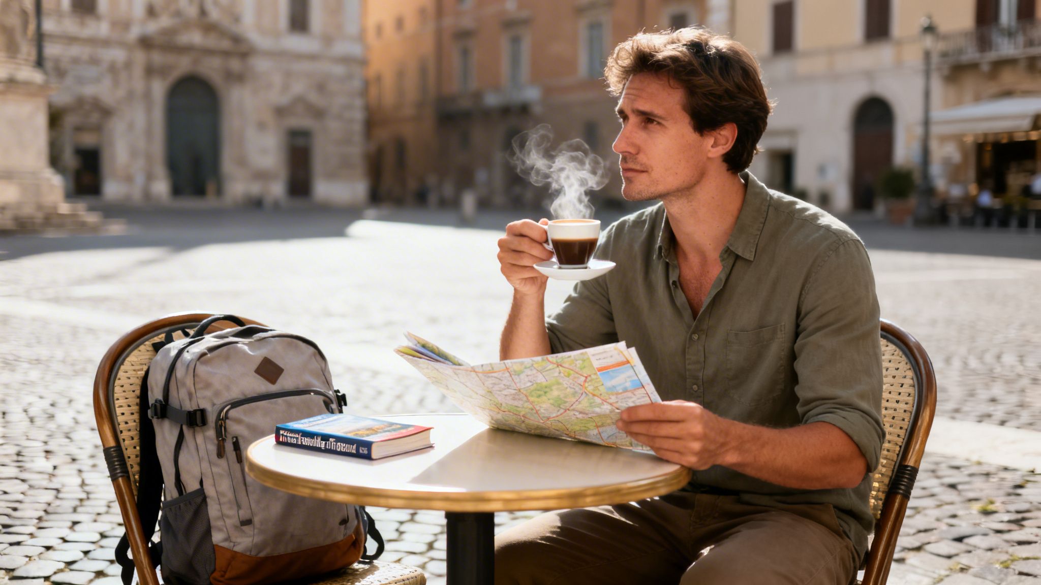 A male traveler enjoys coffee and studies a map at an outdoor cafe in a European city.
