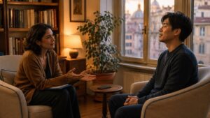ChatGPT therapy alternative - expat client in conversation with a licensed multilingual therapist in Italy