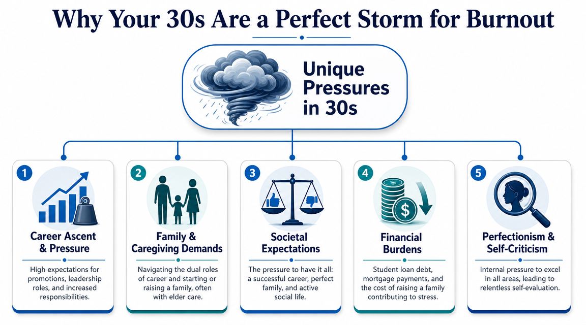 An infographic titled Why Your 30s Are a Perfect Storm for Burnout listing five major life pressures.