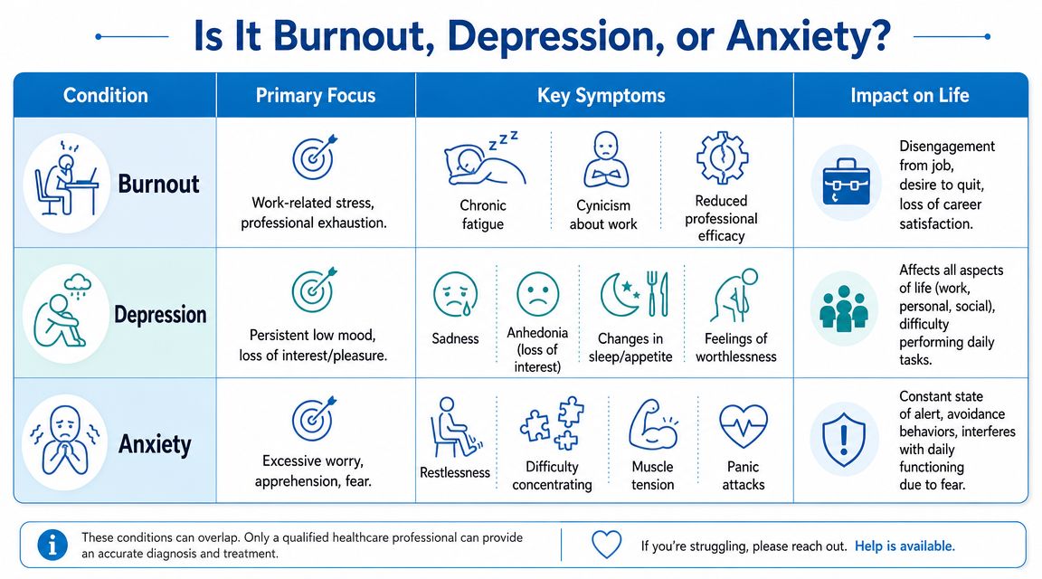 A comparison chart explaining the primary focus, key symptoms, and life impact of burnout, depression, and anxiety.