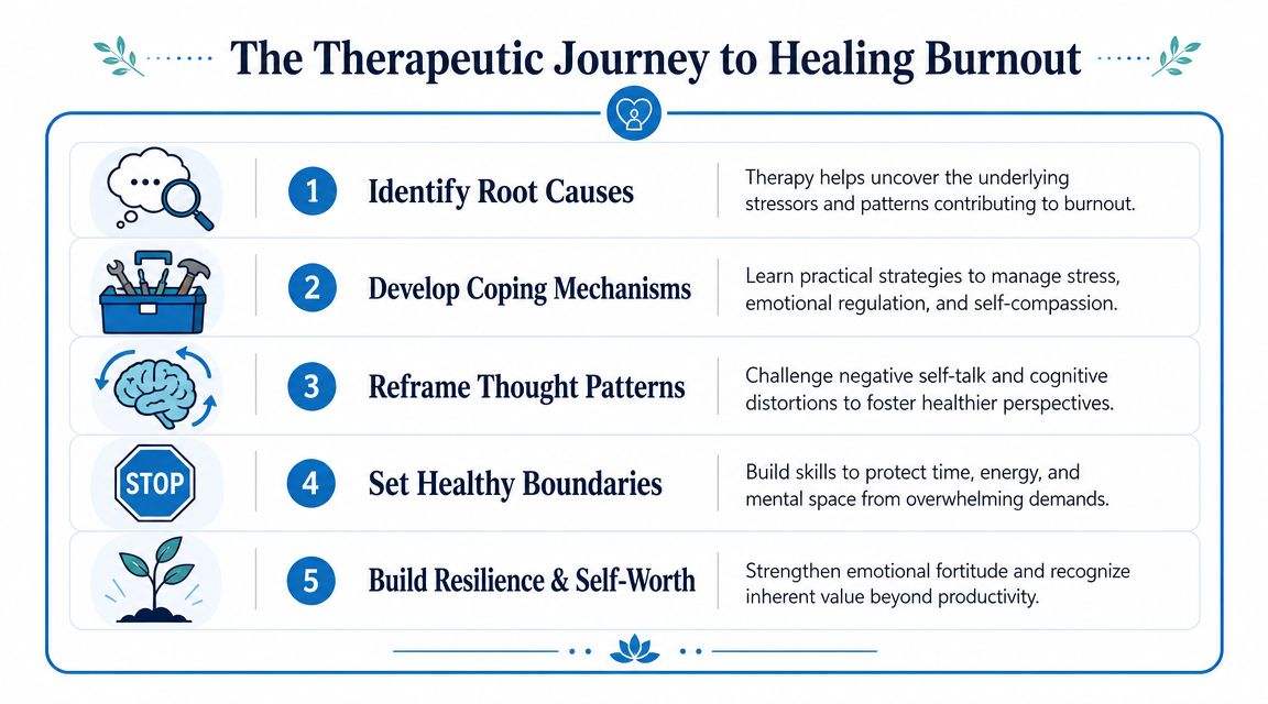 A five-step infographic illustrating the therapeutic process for overcoming career burnout and improving mental well-being.
