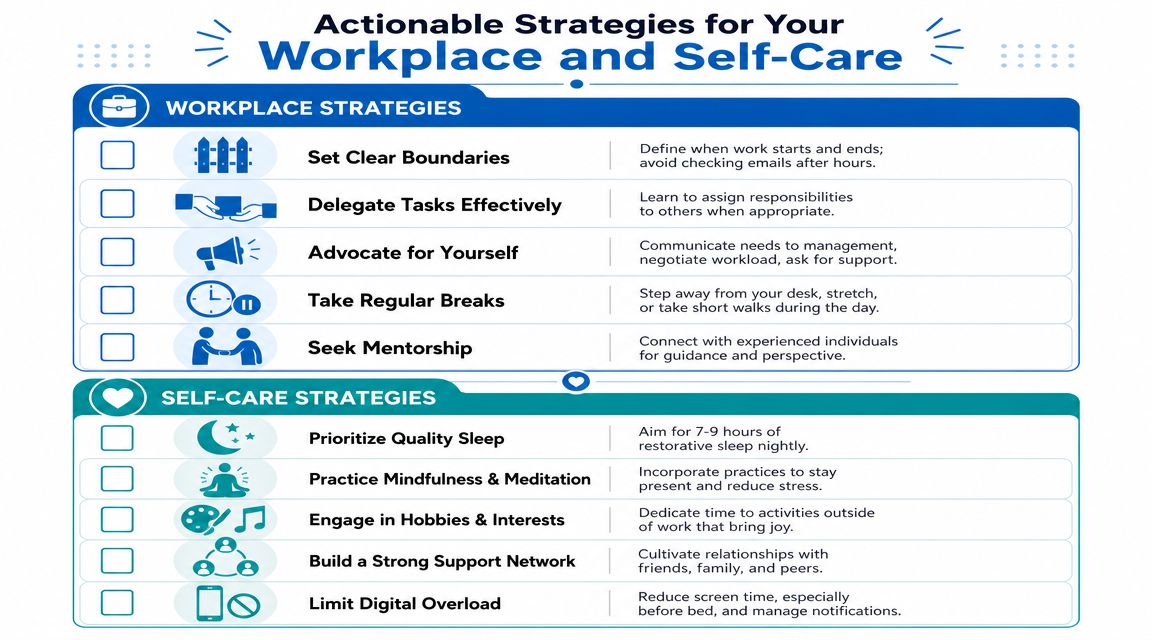 A helpful infographic listing practical workplace and self-care strategies to manage stress and improve wellbeing.