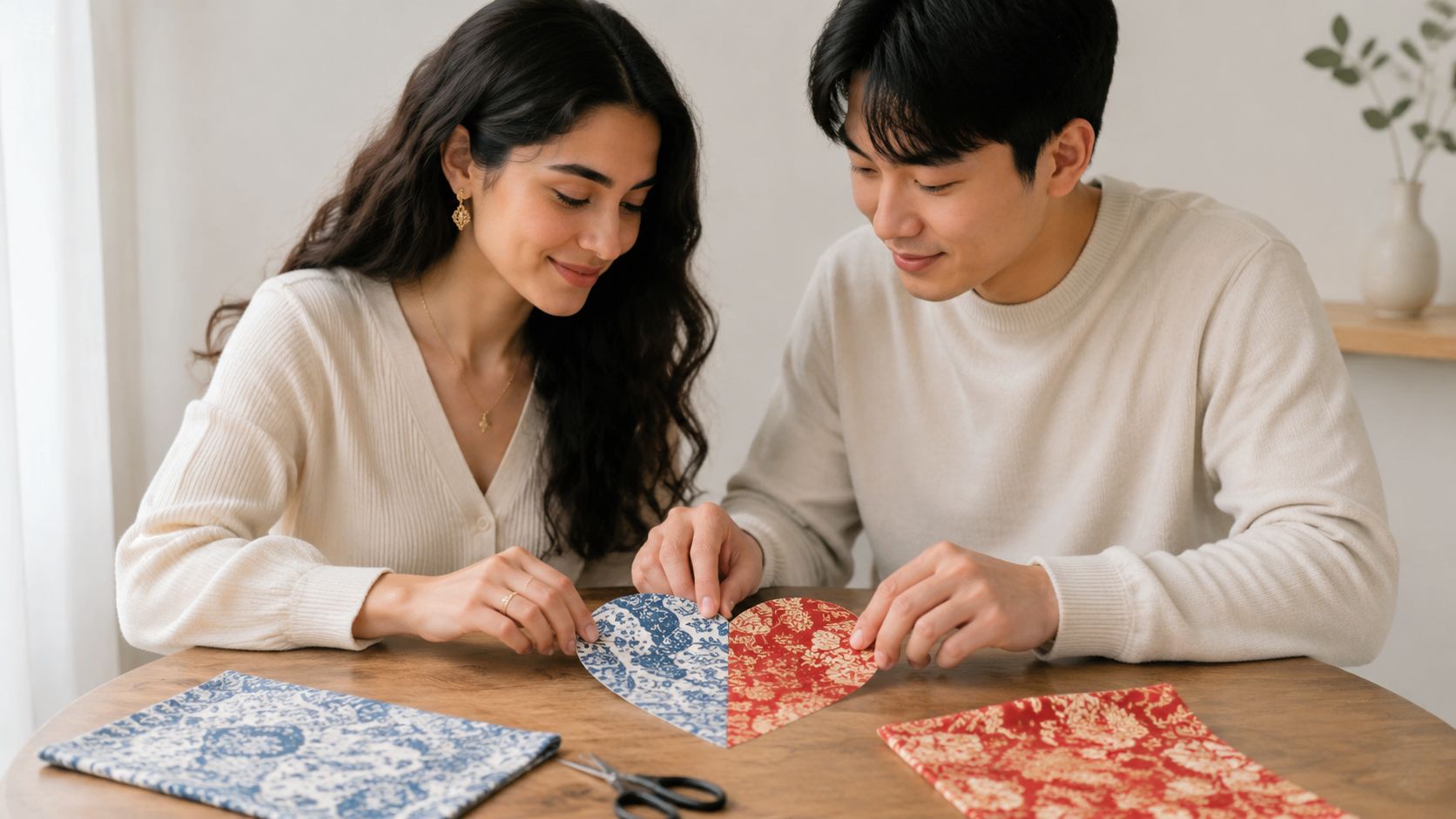 A diverse couple sits at a table together crafting a heart shape from fabric for cultural marriage counseling.