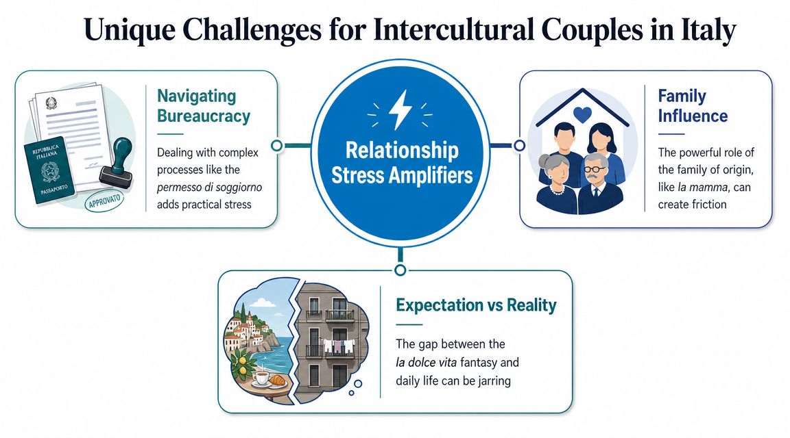 An infographic titled Unique Challenges for Intercultural Couples in Italy, highlighting bureaucracy, family influence, and unrealistic expectations.