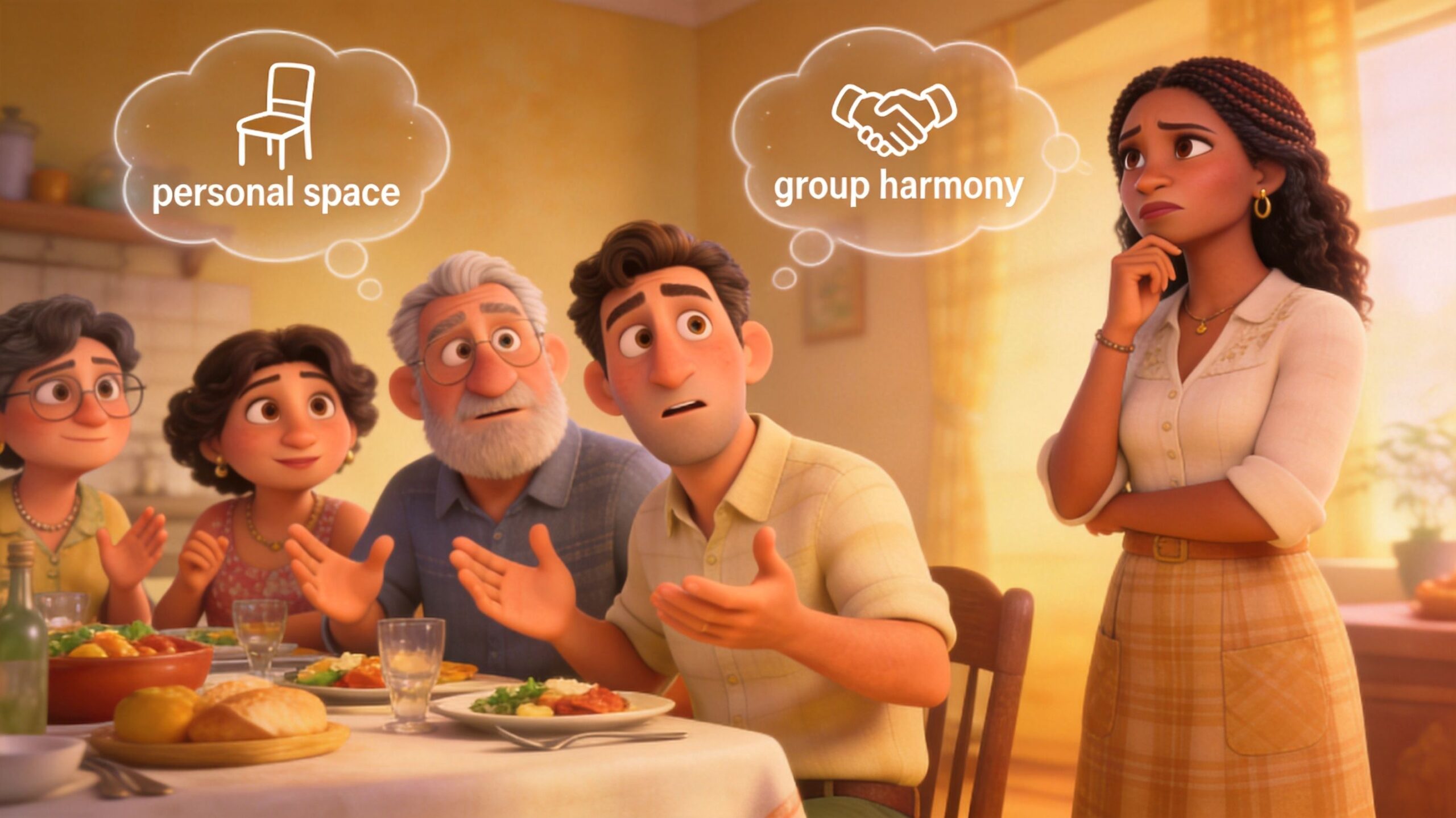 An animated family scene depicting a culture clash between personal space needs and group harmony values.