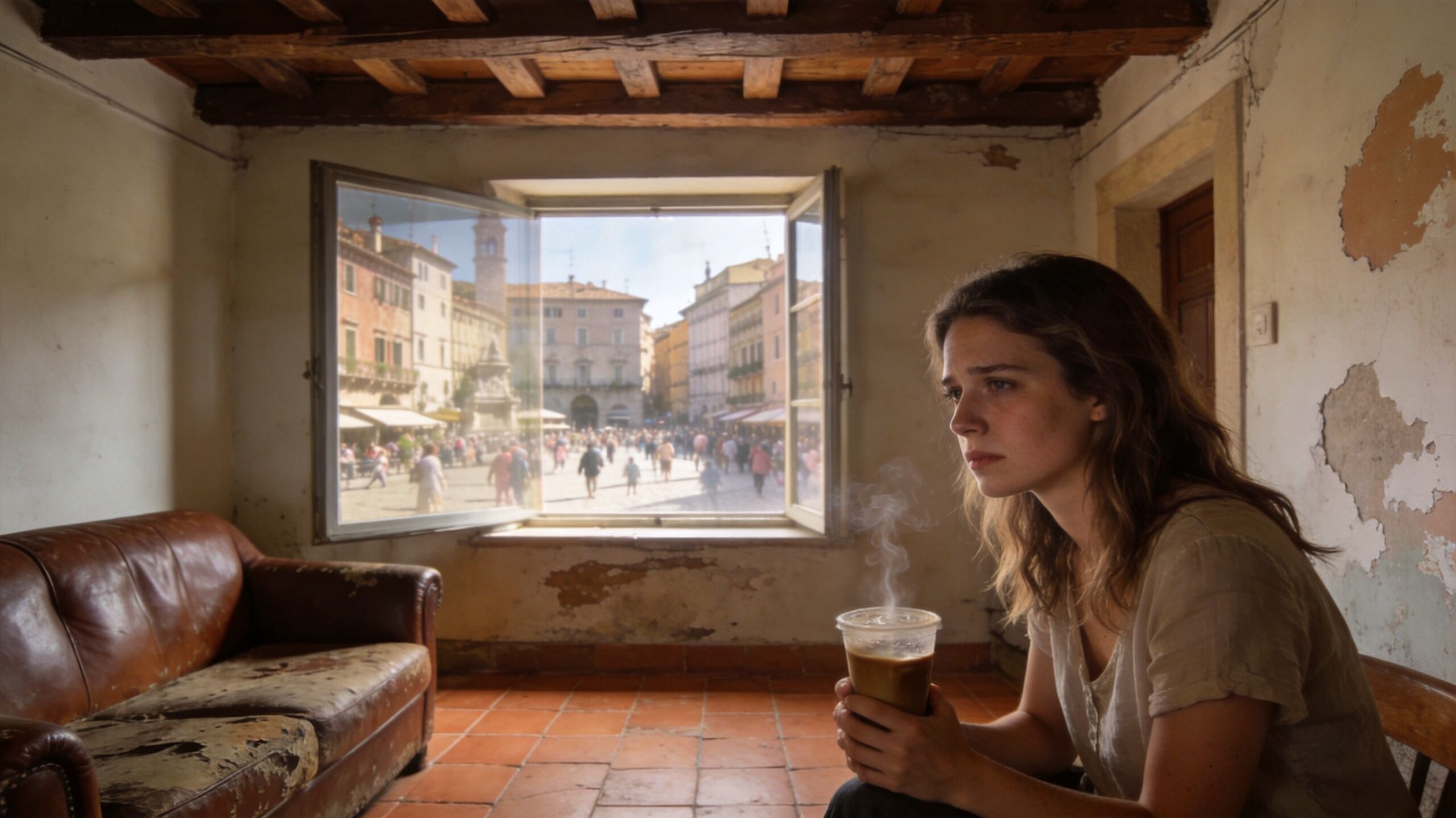 A pensive young woman holding a steaming cup of coffee inside a rustic home overlooking an Italian plaza.