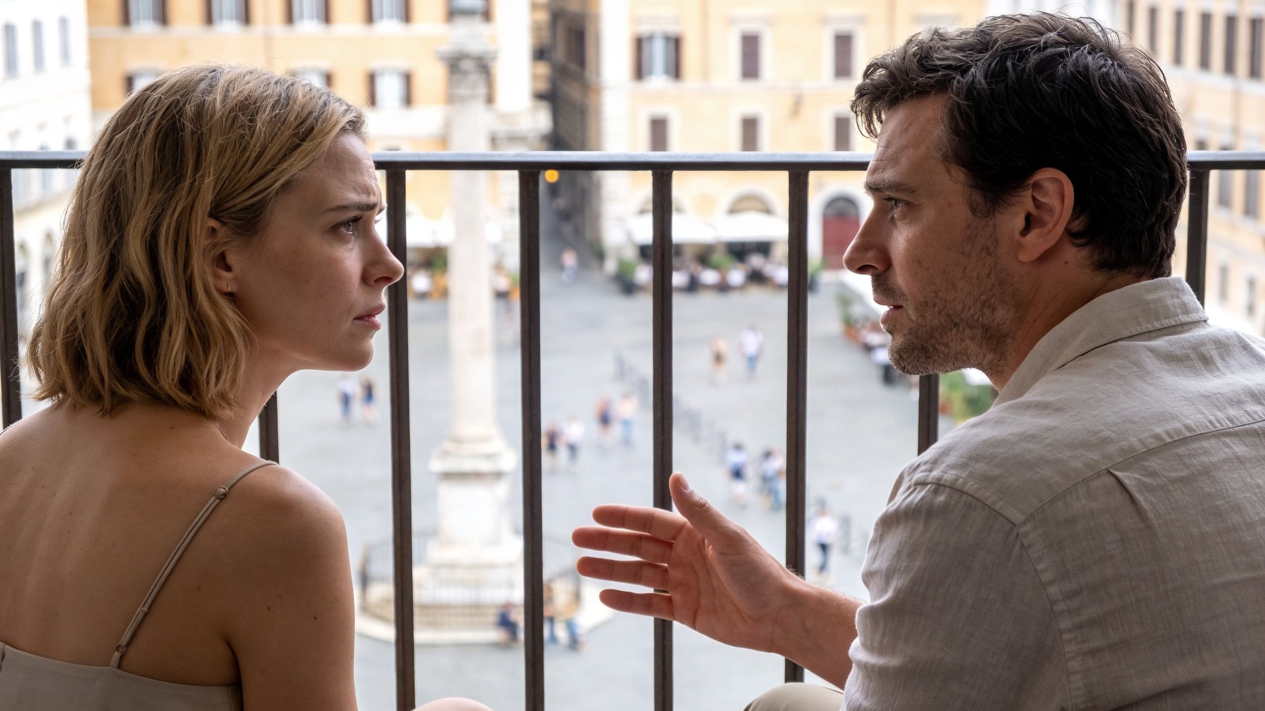 A couple having a serious conversation on a balcony overlooking an Italian plaza during the day.