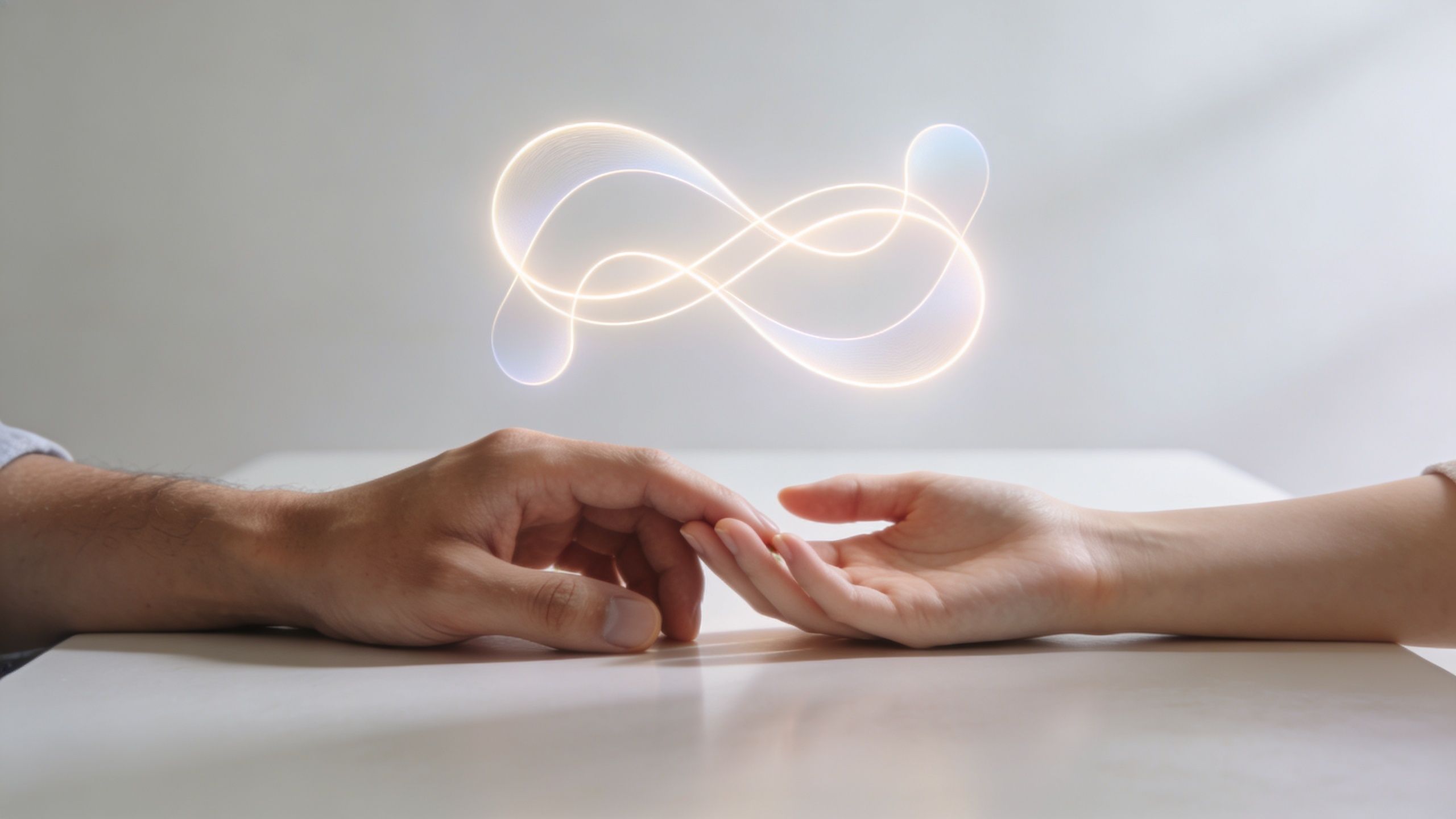A close-up view of a couple holding hands over a white table with an infinity symbol above.