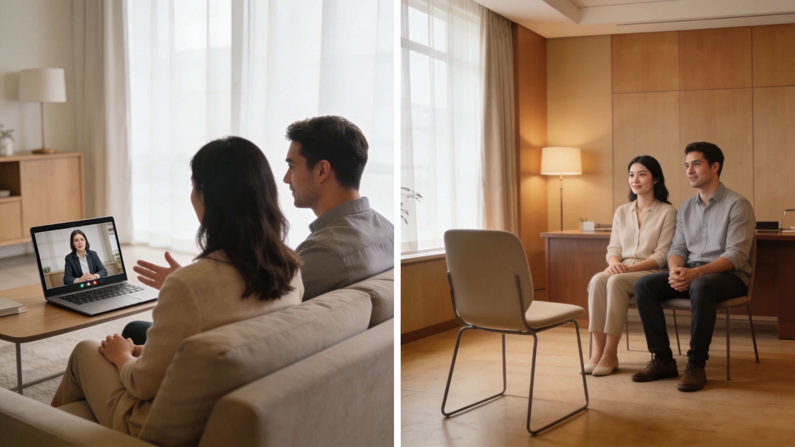 A couple participates in an online therapy session and an in-person meeting with a therapist.