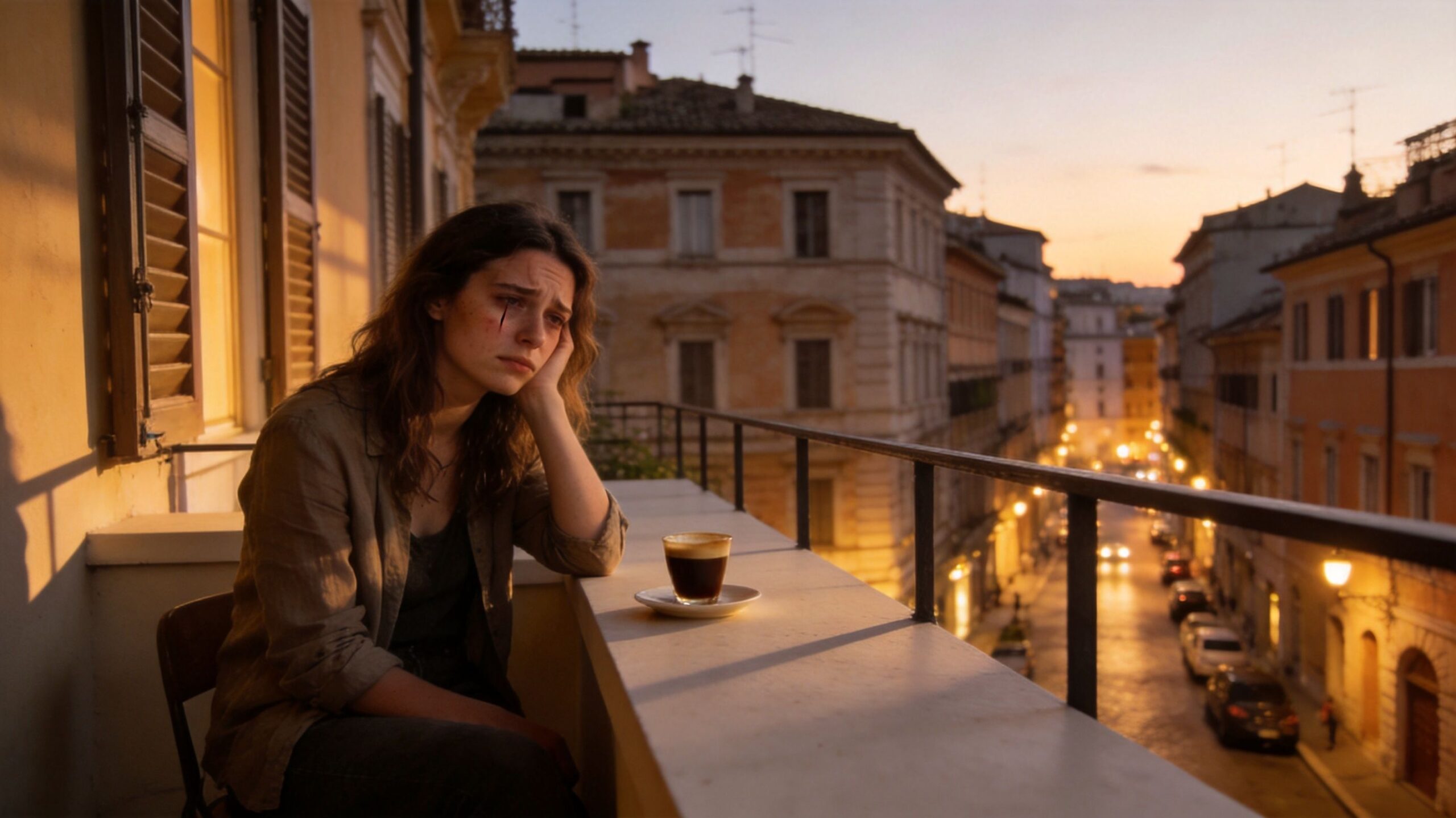 A young woman looking tired and sad while sitting on a balcony with coffee at sunset.