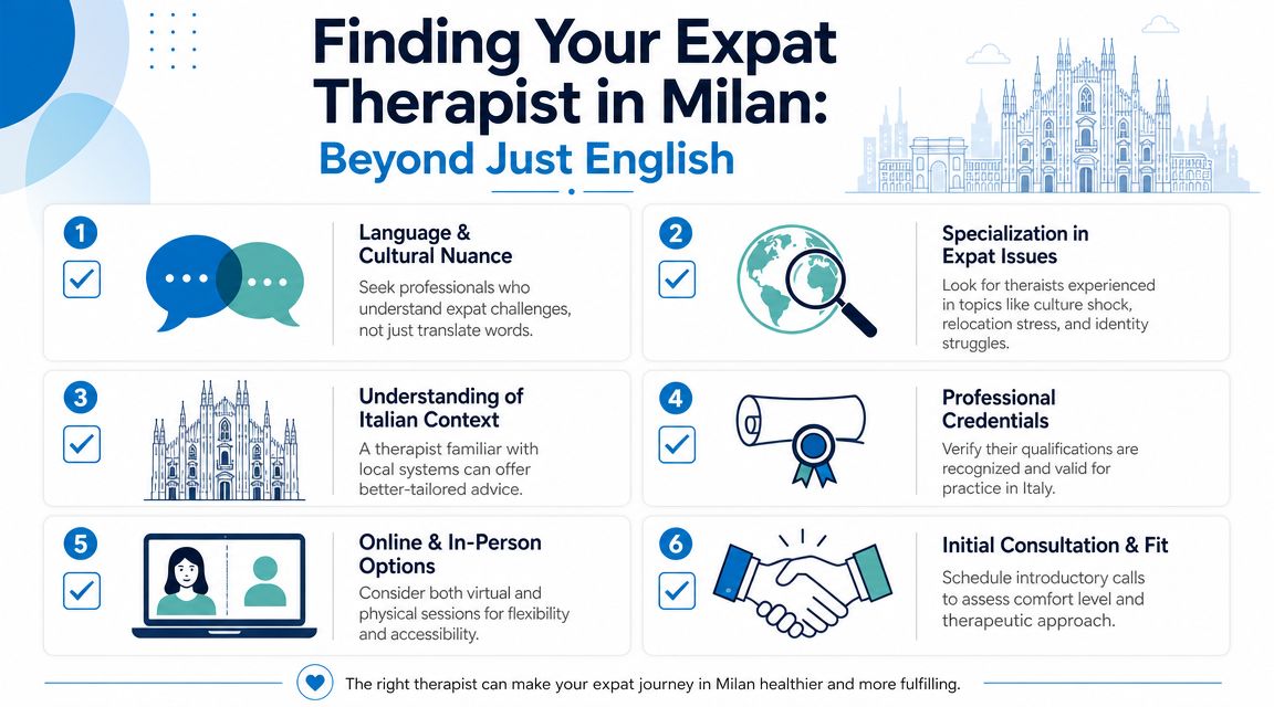 An infographic titled Finding Your Expat Therapist in Milan detailing six steps for finding professional support.