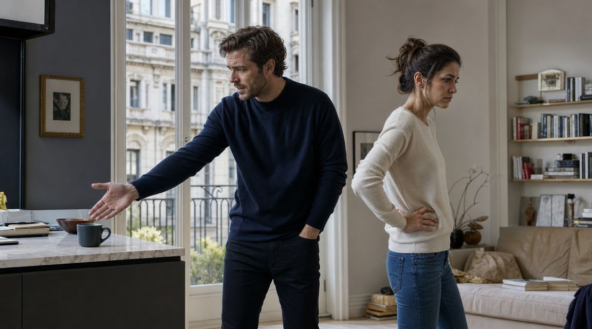 A man and woman standing back-to-back in a kitchen, representing tension in a relationship.