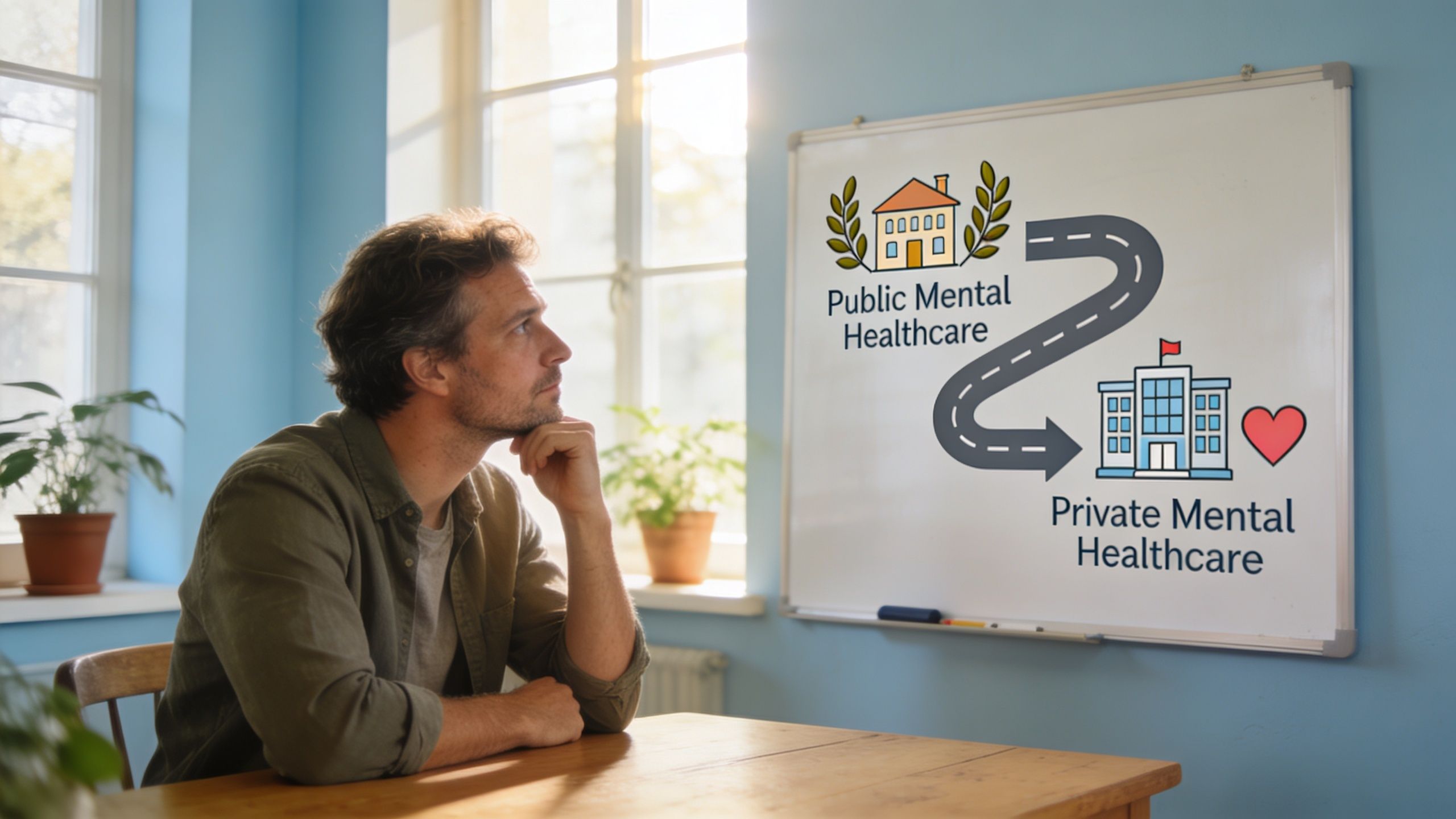A man thoughtfully looking at a whiteboard comparing public and private mental healthcare options.