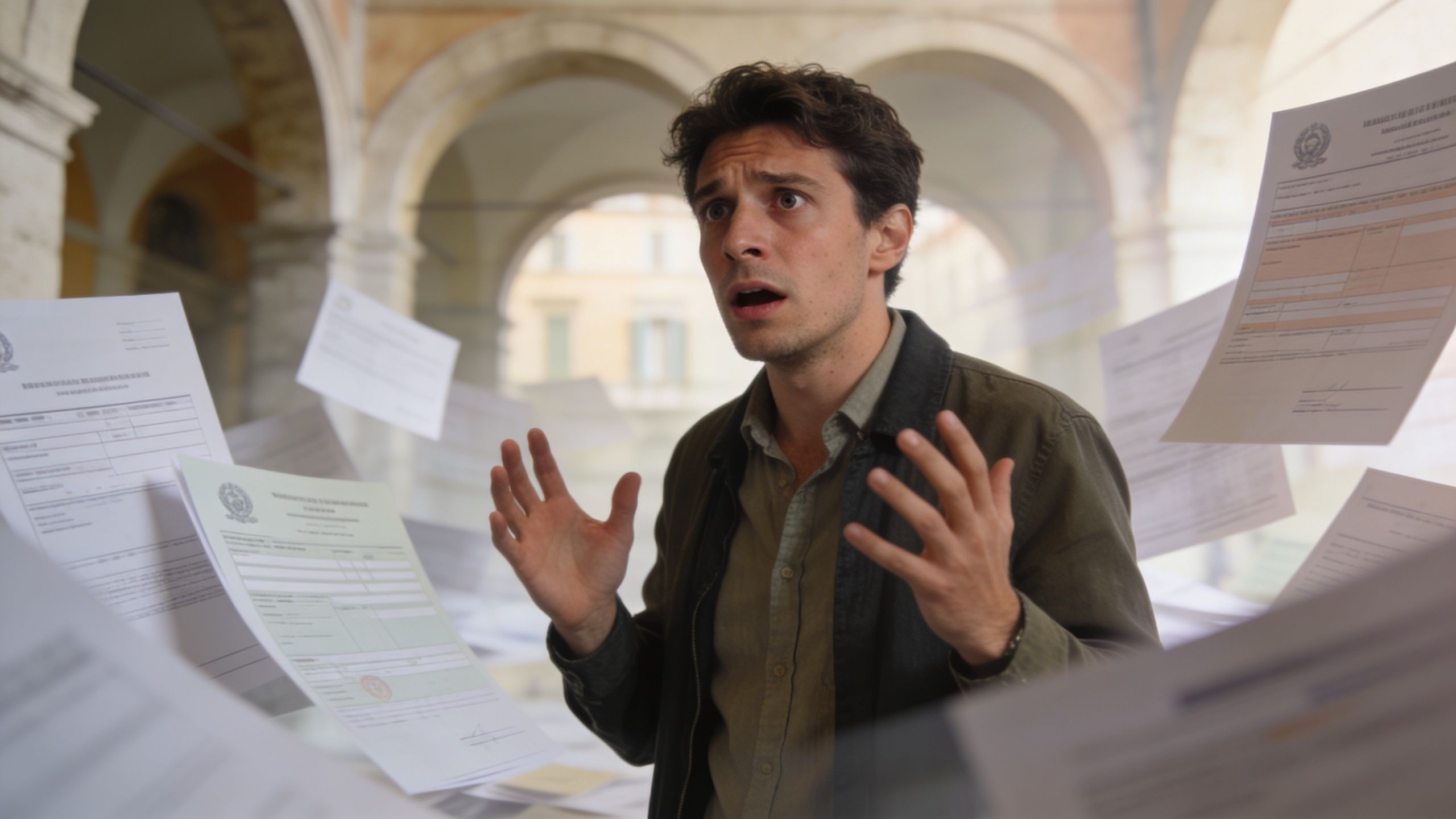 A young man looking overwhelmed and stressed while surrounded by flying paperwork in an Italian courtyard.