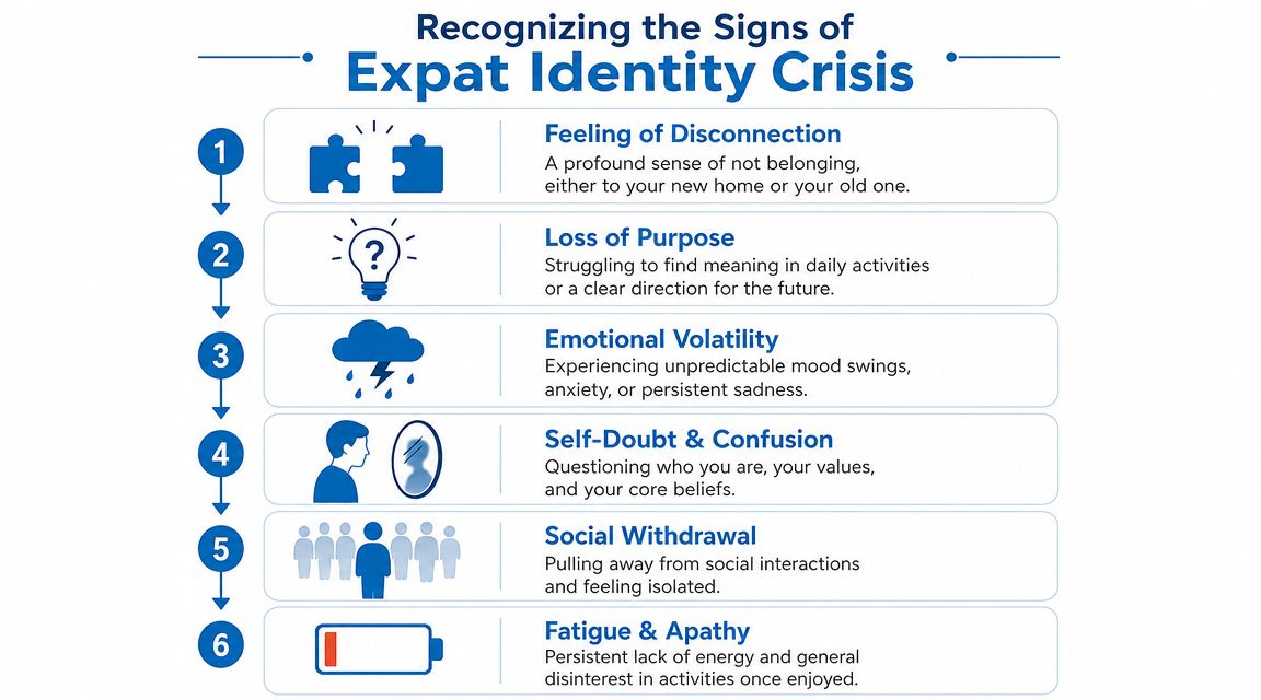 An infographic titled Recognizing the Signs of Expat Identity Crisis, detailing six common emotional symptoms.