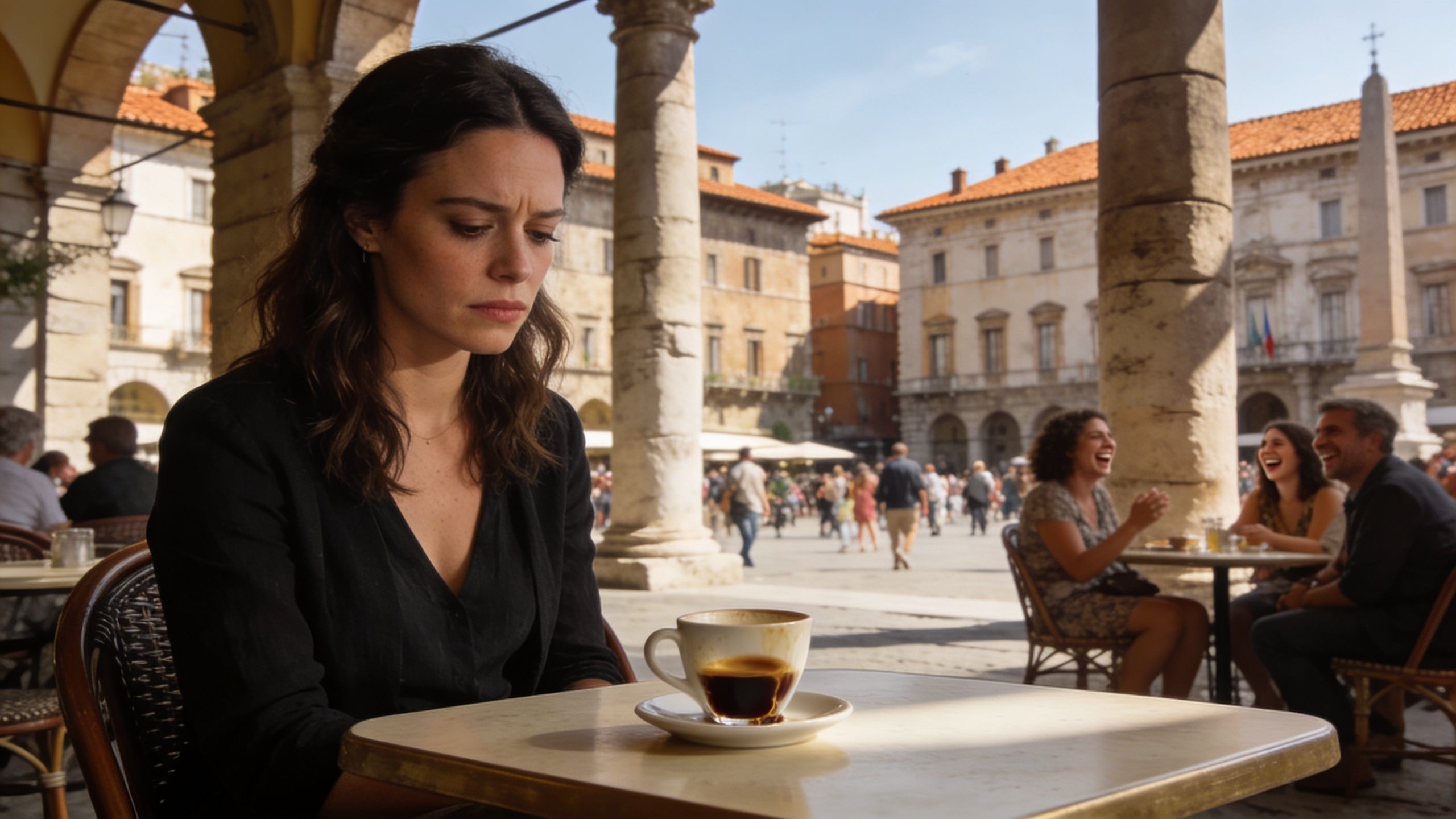 A pensive woman sits alone at an outdoor café table in an Italian square while others laugh nearby.