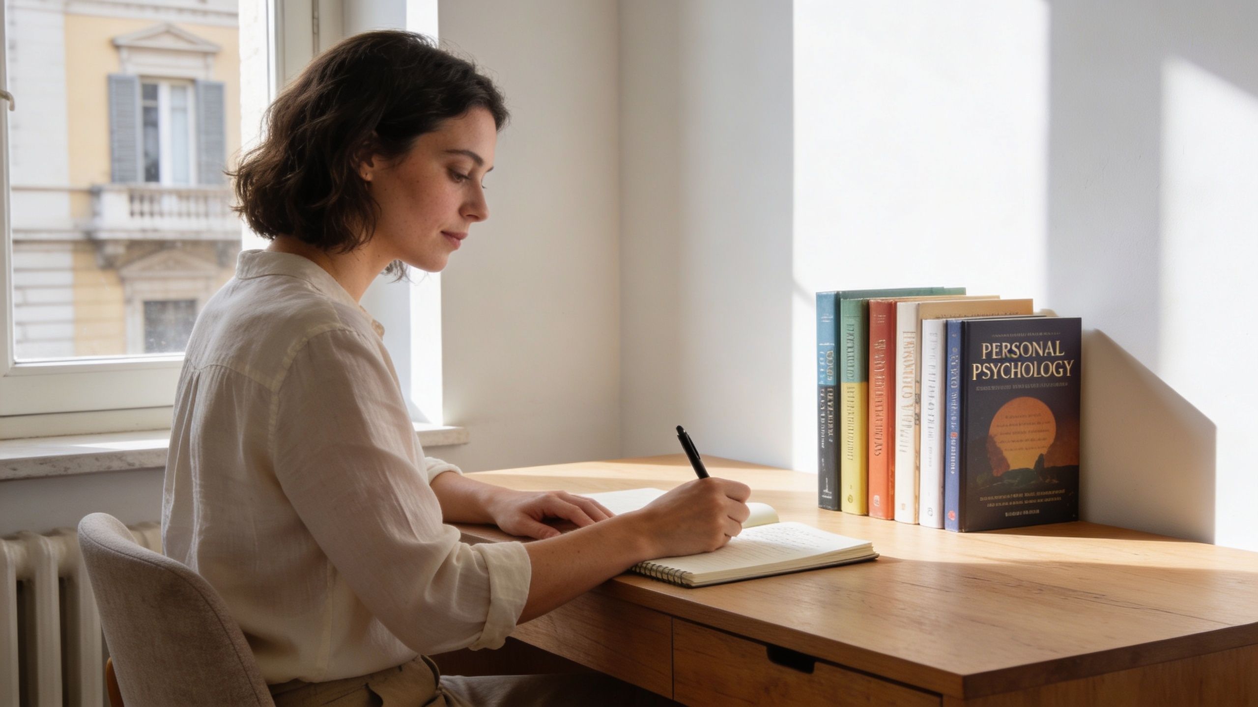 A young woman sitting by a window, writing in a notebook next to a stack of books.