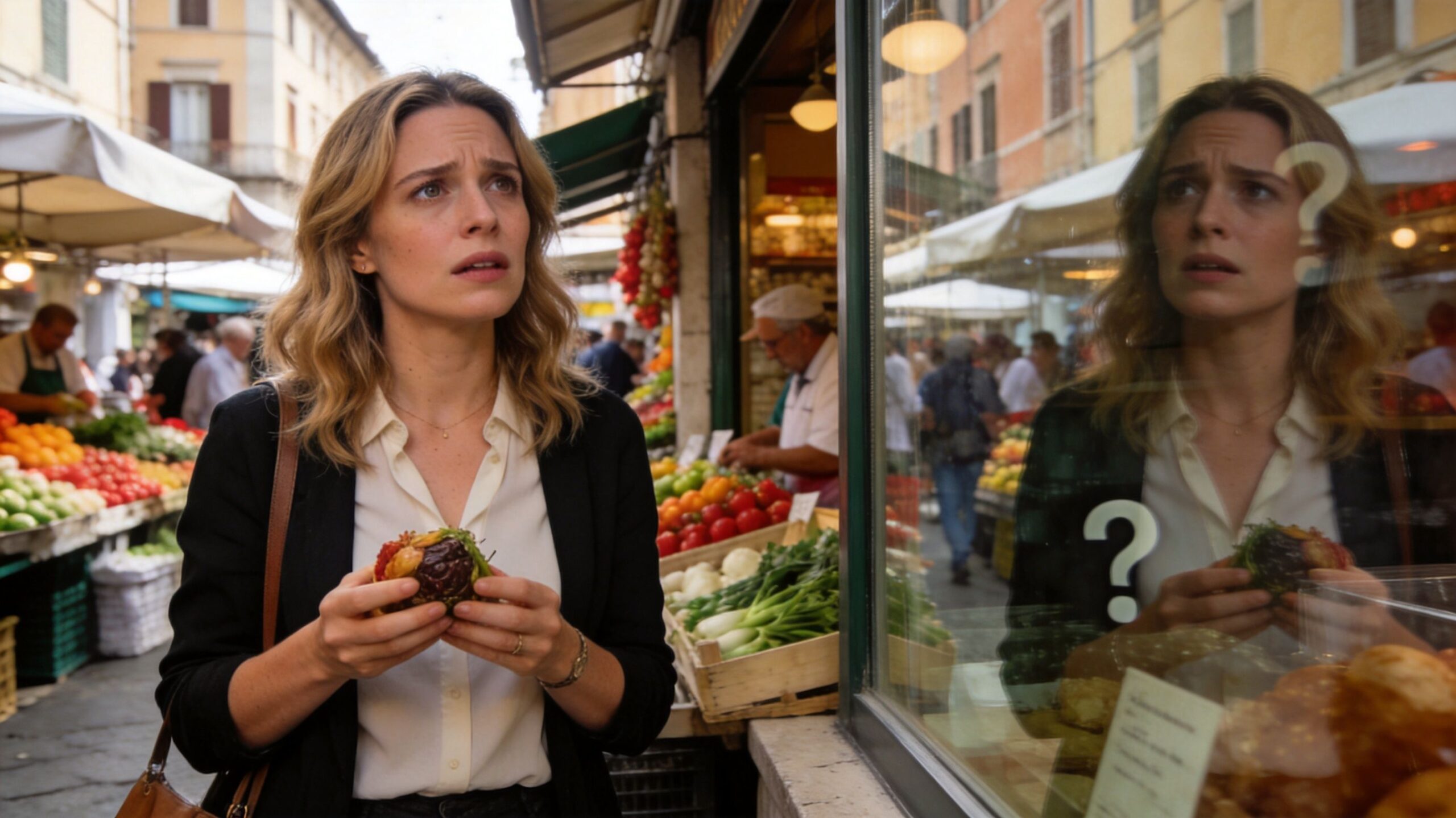 A contemplative woman standing in an Italian market holding food while looking at her own reflection.